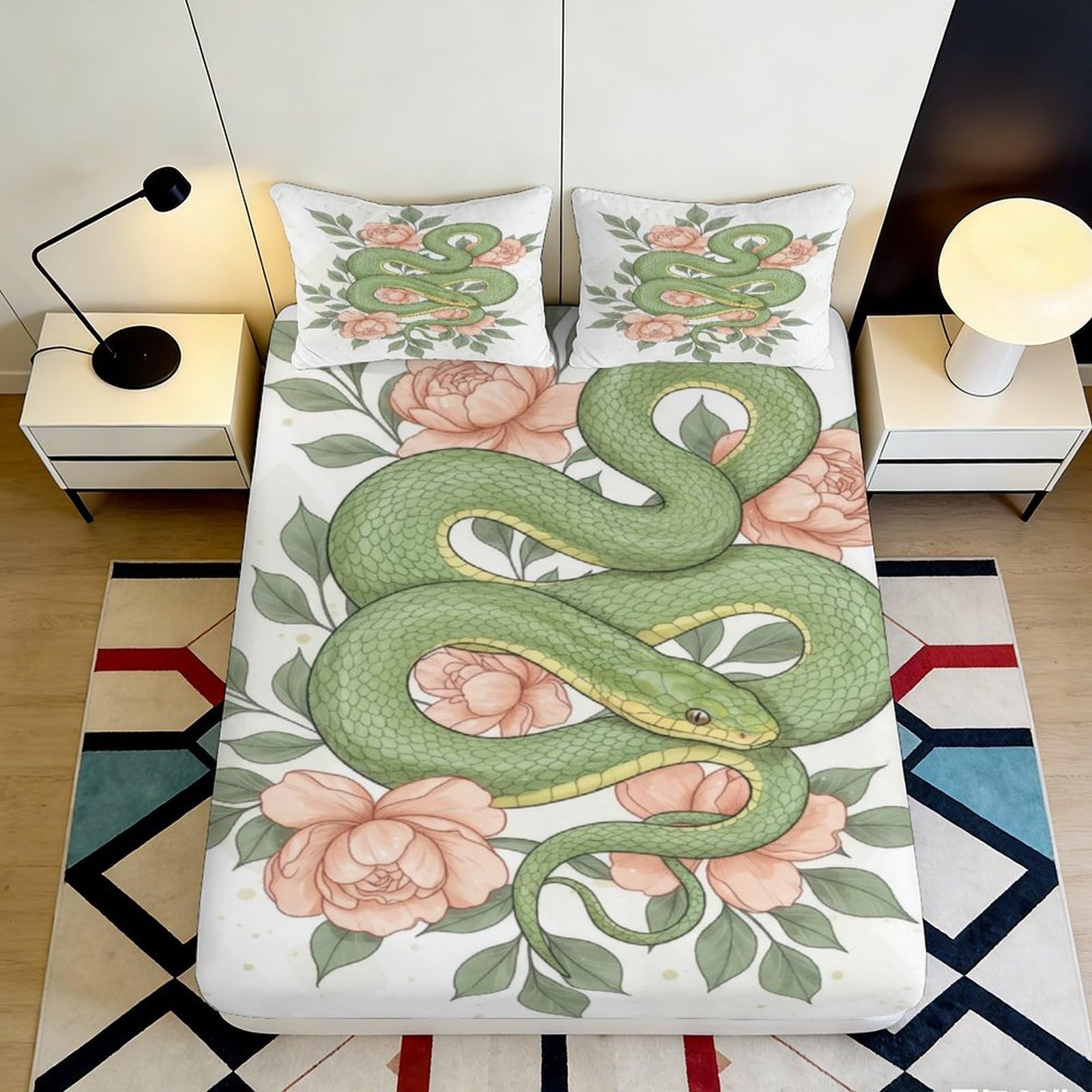 3D Printed Green Snake Floral Fitted Sheet Microfiber Soft Mattress Cover Bedroom Decor Machine Washable 90x200x25cm