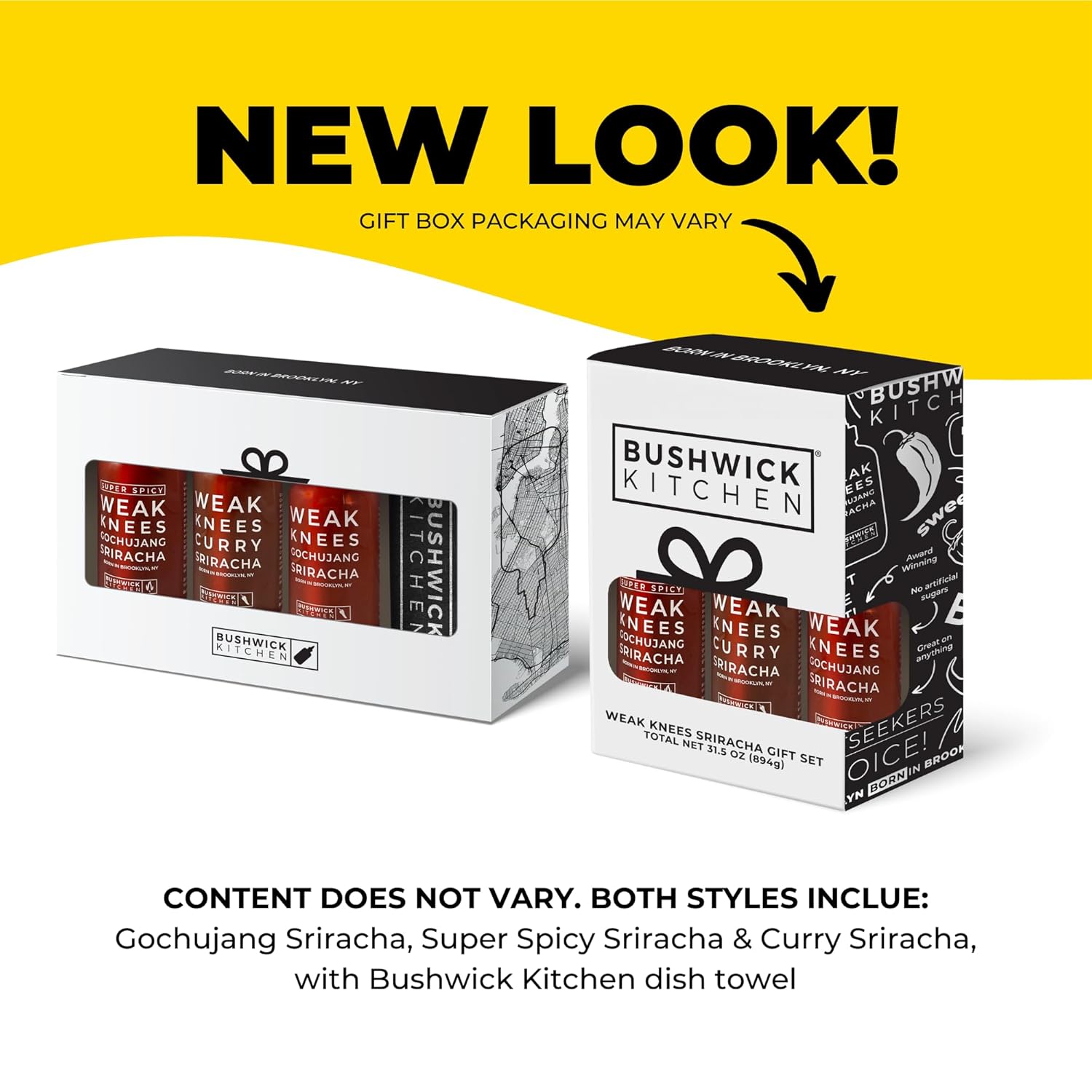 Bushwick Kitchen Sriracha Sampler Gift Box, Set Includes Gochujang Sriracha, Super Spicy Gochujang Sriracha, Curry Sriracha Hot Sauce, 5 Recipes, Chile Pepper Dish Towel, and Bushwick Kitchen Gift Box