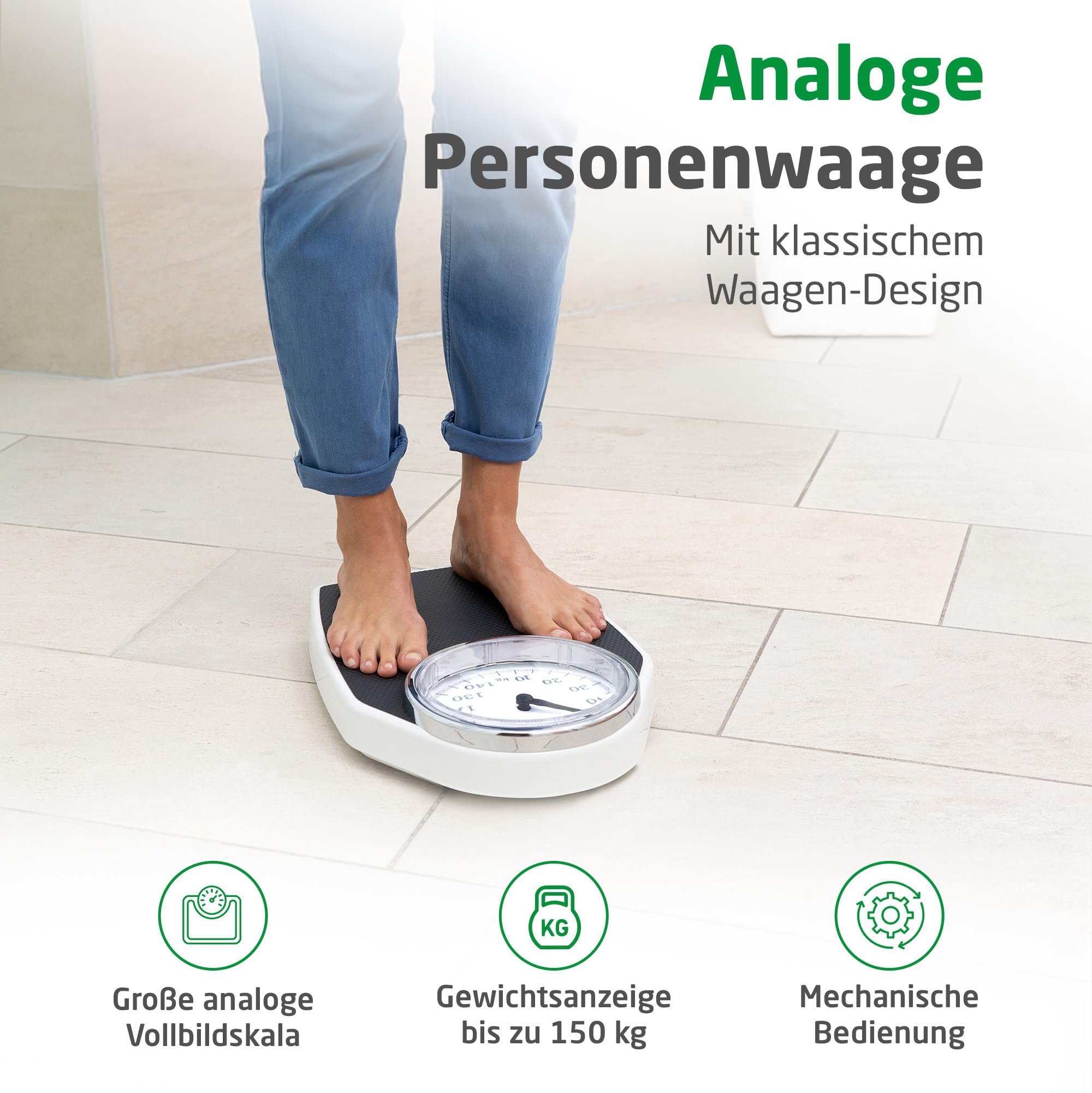 medisana PSD mechanische Personenwaage bis 150 kg, Körperwaage analog, Retrowaage im klassischem Design und großer Skala in frustfreier Verpackung und verstärkter Glasabdeckung