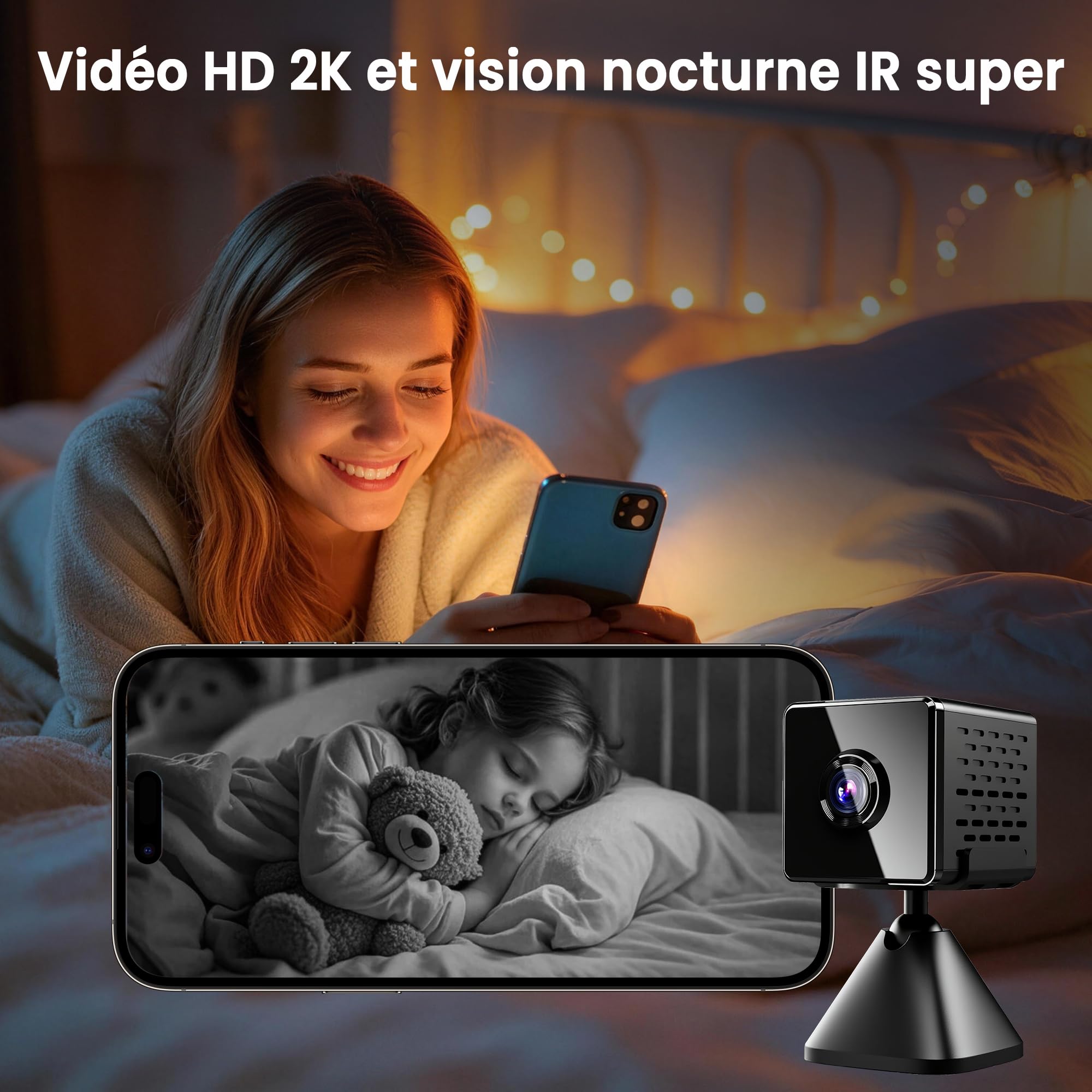 javiscam Mini Caméra Espion sans Fil 2K, WiFi Intérieure avec Vision Nocturne, Détection de Mouvement, Enregistrement Local et Cloud, Adaptée aux Bébés, Animaux, Personnes Âgées et Sécurité Maison
