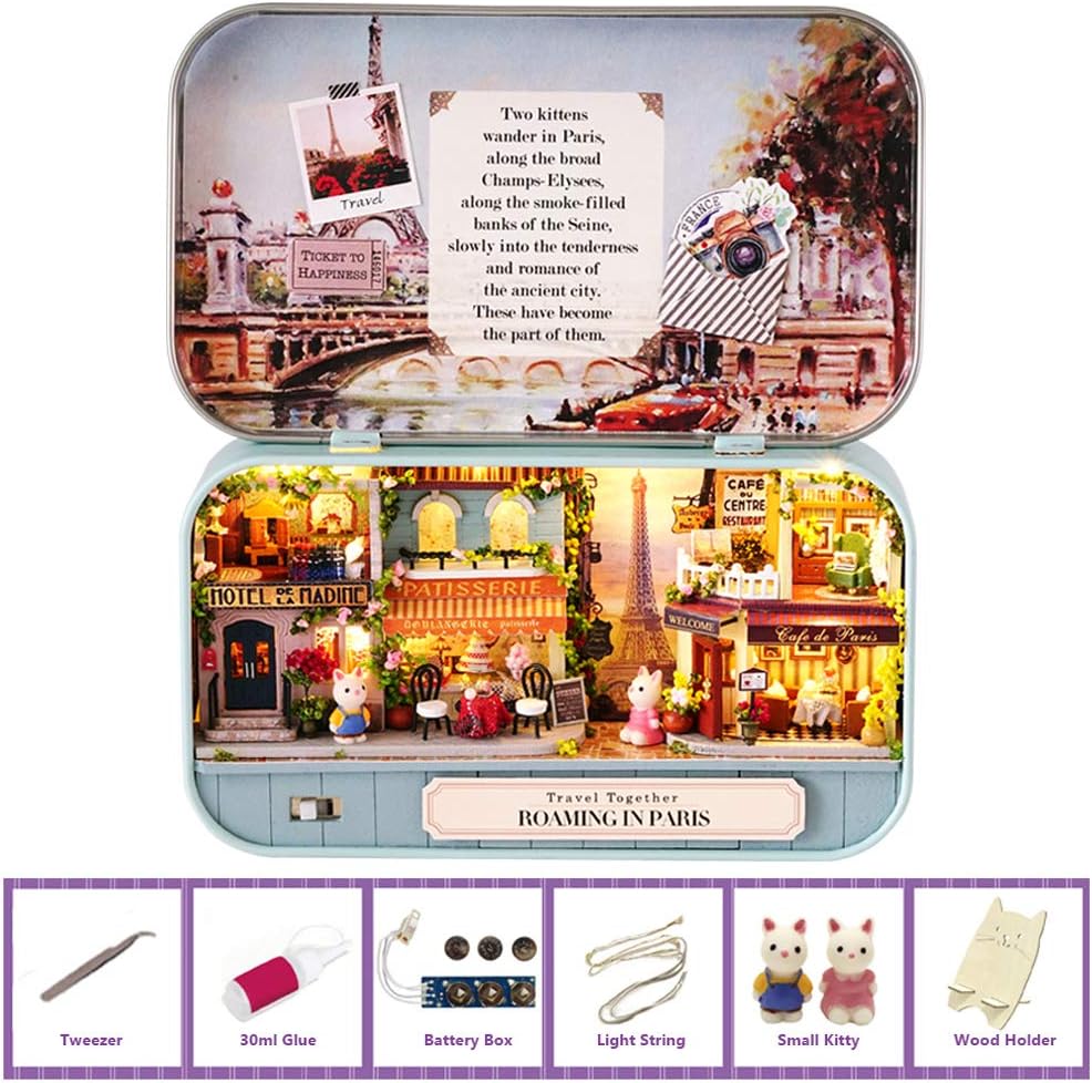 MAGQOO 3D Wooden Dollhouse Miniature DIY Doll House Kit with Furniture,1:100 DIY Box Theater Kit (Roaming in Paris)