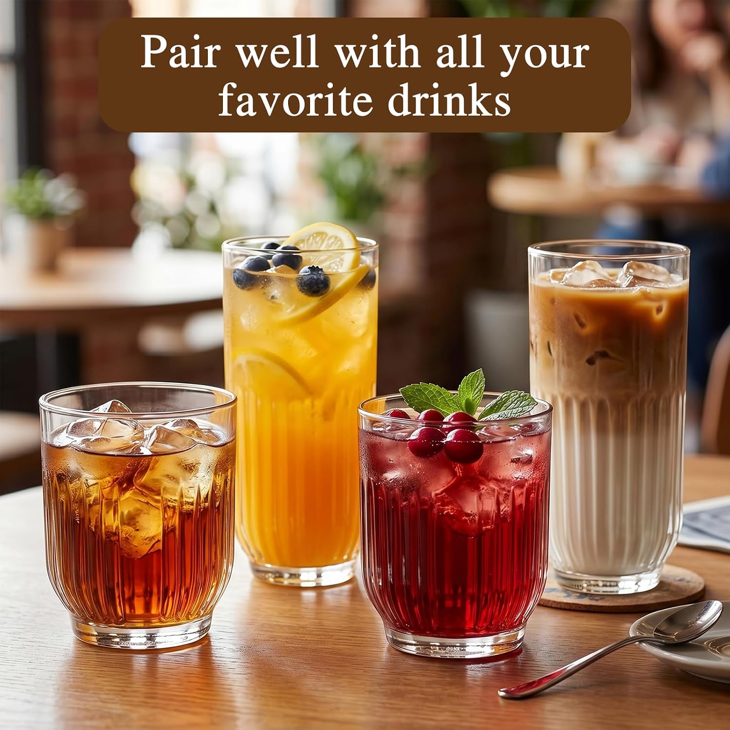 Ribbed Drinking Glasses Set of 8 glass cups set 4 Highball Glasses 13oz & 4 Rocks Drinking Glasses 9oz, Vintage Ribbed Tumbler Glasses for Water, Cocktail, Whiskey,Juice Beer Cocktails