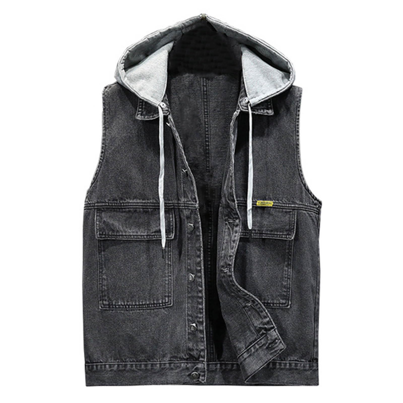Chaleco de mezclilla para hombre con gorra, corte regular, desgarrado, cómodo, chaleco vaquero, chaleco vaquero, chaleco sin mangas, chaleco informal