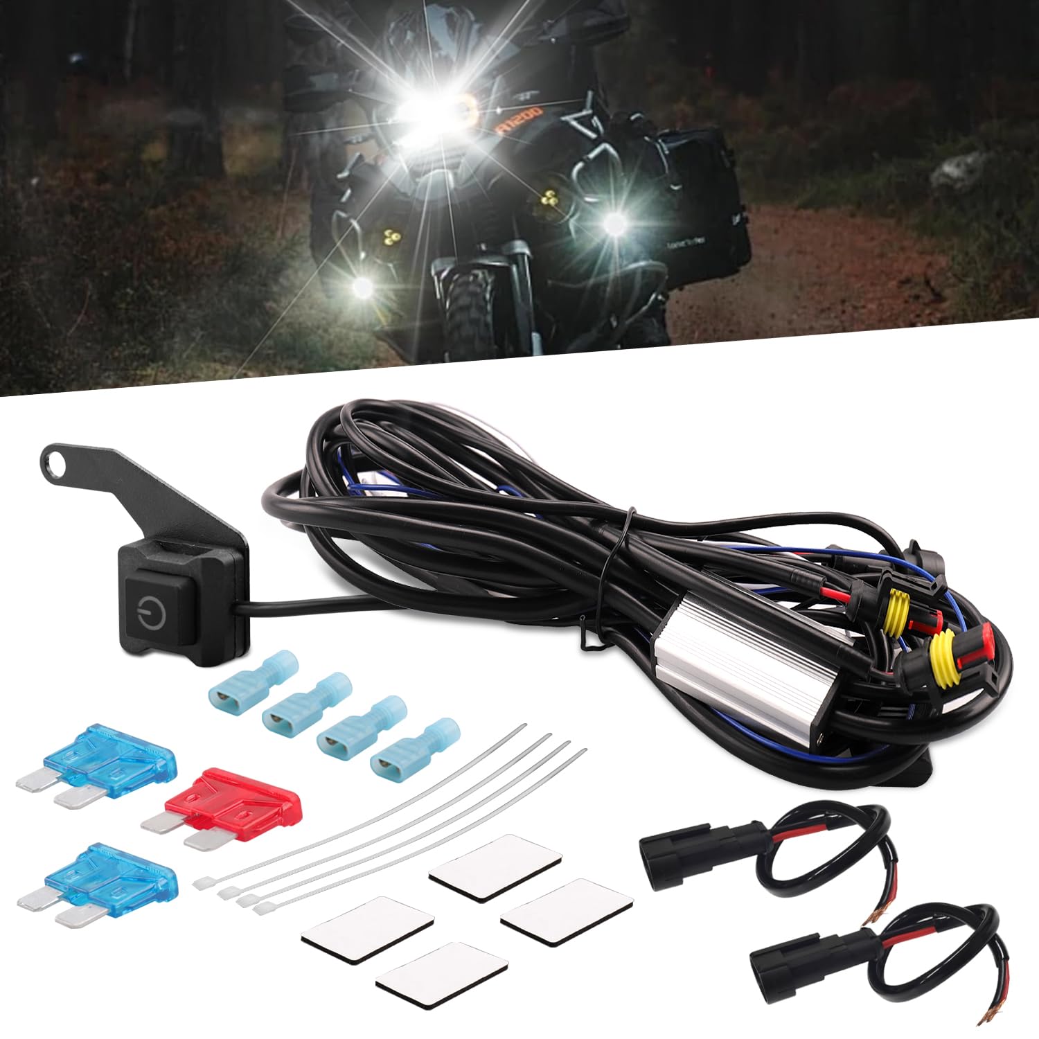 Cablaggio Barra LED Moto, 12V Controllo 2 Lampade, Fusibile 10A/15A Kit relè ON/OFF Impermeabile, per Interruttore Fendinebbia, Luce di Lavoro Aggiuntiva/Fanali Ausiliari, 1 Impostato