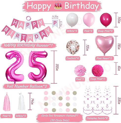 Miniatura 6 de NANINUNENO Decoraciones de cumpleaños 25 para mujer, globos de feliz cumpleaños rosa y blanco del número 25, pancarta, espirales, guirnalda, borla