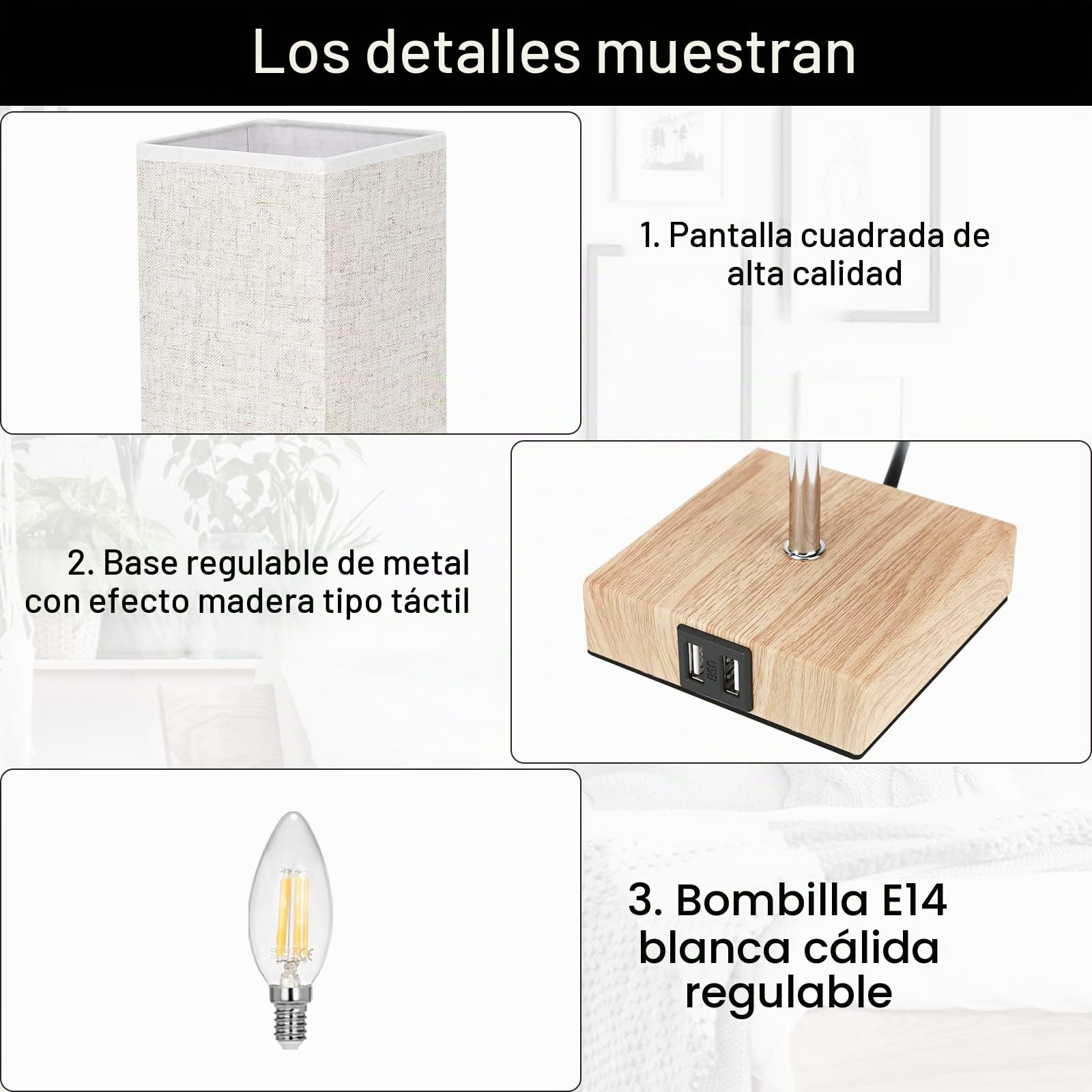 Lightess 2 Piezas Lámparas de mesa USB Touch Regulables Modernas con Base de Madera Lámpara de Noche Retro Pantalla de Tela con Bombilla E14 Blanco Cálido Para Sala de Estar Dormitorio Mesa, Beige | Lámpara noche retro regulable por touch USB, blanco cáli