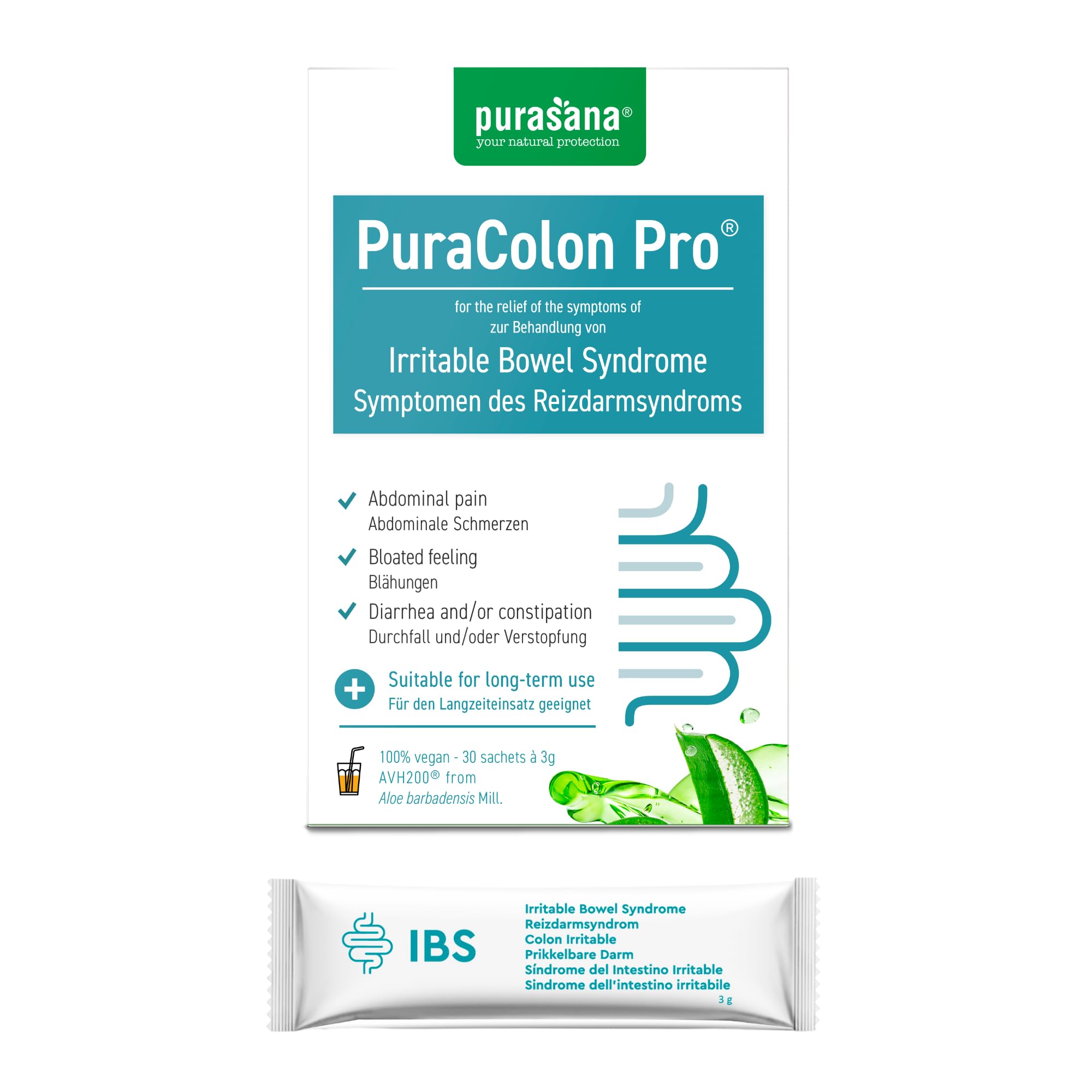 Purasana® PuraColon Pro – 30 Satchets avec 250mg Aloe Vera AVH200® – Soulage le Colon Irritable, la Constipation et Favorise la Detox du Colon