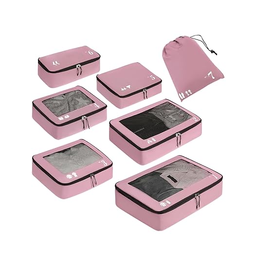 ECOHUB 7 Set Packing Cubes Tear-Resistant Luggage Packing Organizers with Number Icon for Travel Accessories Luggage Suitcase Machine Washable Packing Cubes (Pink)