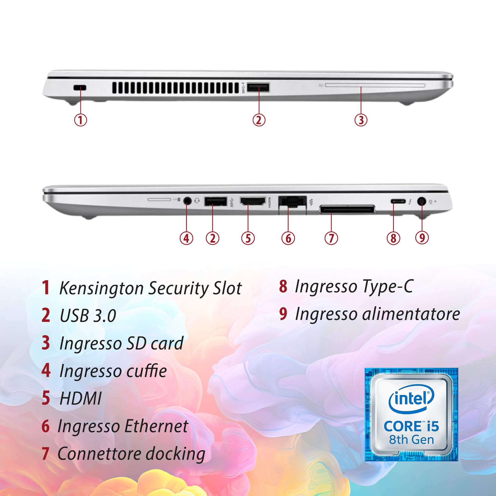 HP Elitebook, Pc Portatile Notebook, Processore Intel i5-8Th 4 Core 1.6Ghz, 8Gb Ram, 256Gb SSD, Display 13.3 "HD, Libre Office (Ricondizionato)