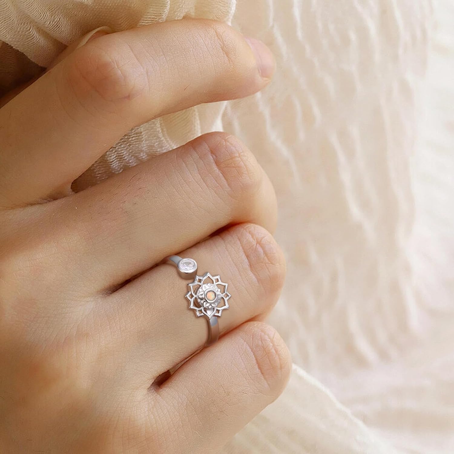 Fidget Spinner Anxiety Rings for Women: Sterling Silver Lotus Just Breathe Adjustable Stress Relieving Birthstone Jewelry Gifts for Daughter - Image 3