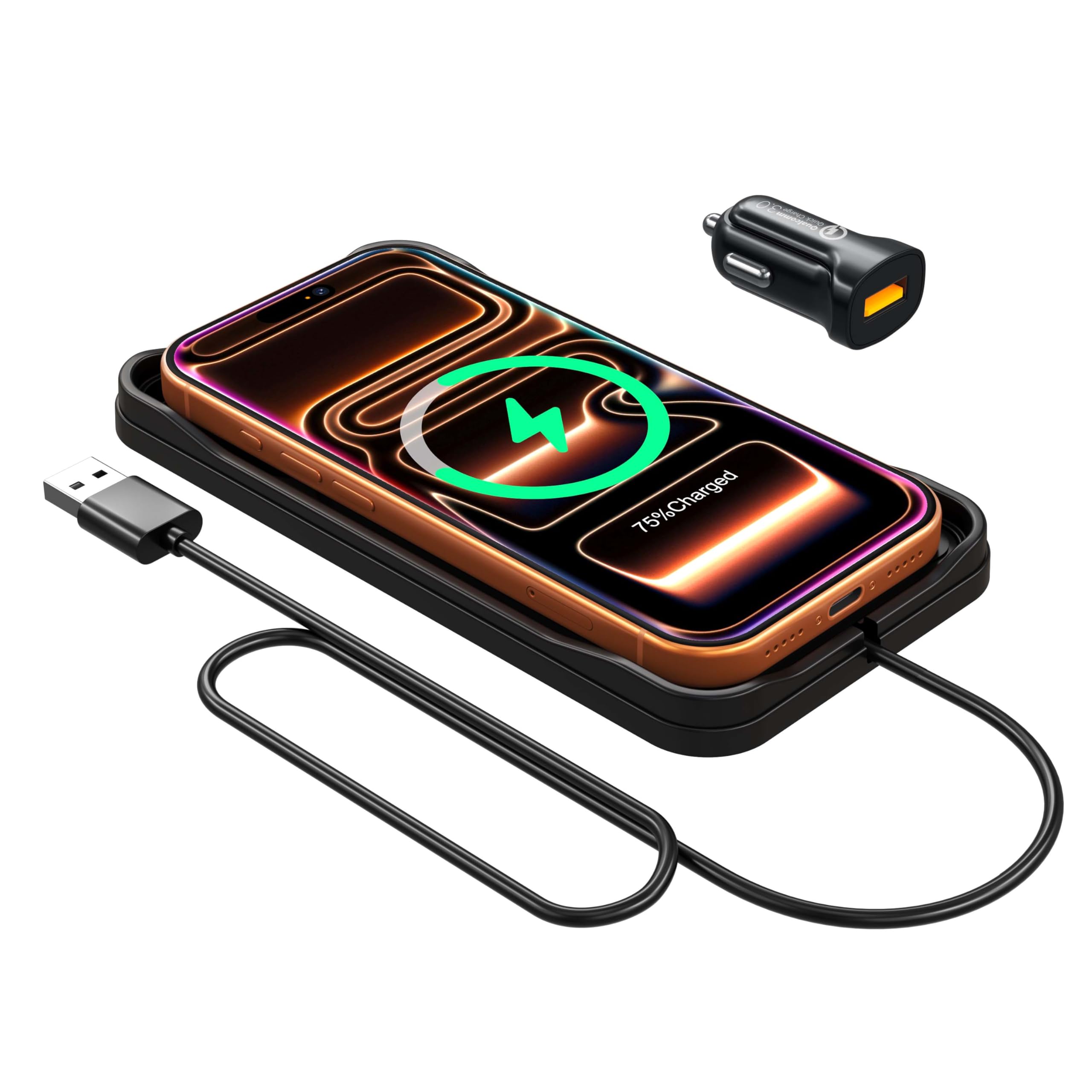 Caricabatterie wireless per auto, caricabatterie wireless per auto, caricabatterie per auto veloce, tappetino di ricarica antiscivolo per iPhone 17/16/15/14/13/12 Pro, SE3/SE2/XS/X/XR/8, cavo da 30 cm