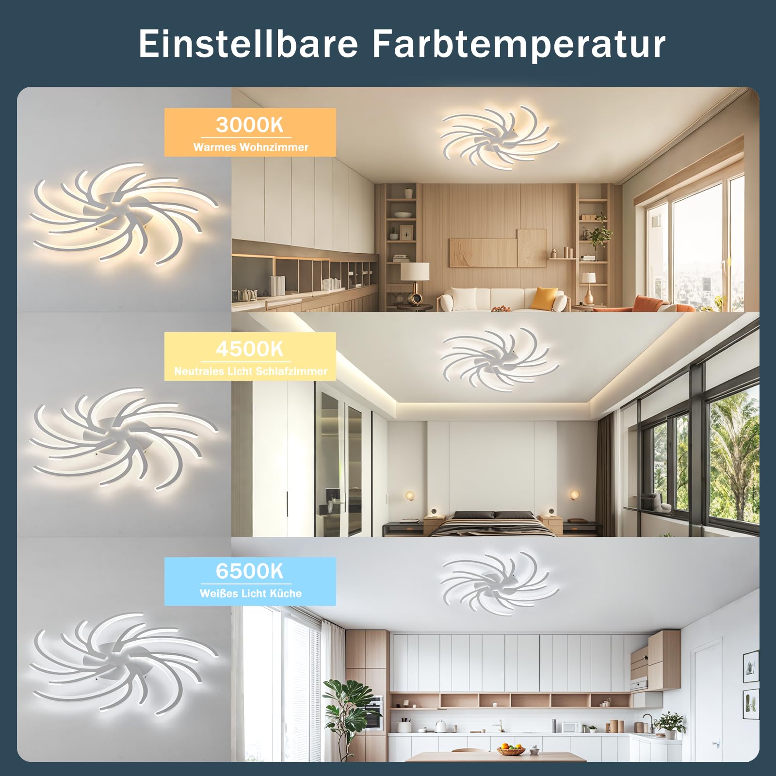LED Deckenleuchte 100W, Deckenlampe Dimmbar Mit Fernbedienung APP, 100cm Wohnzimmerlampe 3 Flammig Kronleuchter Lampe, 3000-6500K deckenbeleuchtung für Schlafzimmer Wohnzimmer