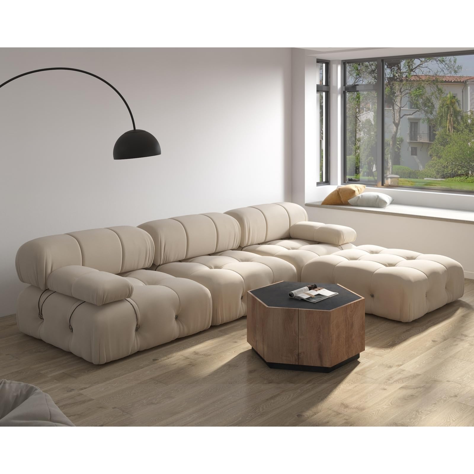 Velvet Sectional Sofa Reversible Modular Couch Beige 4seat