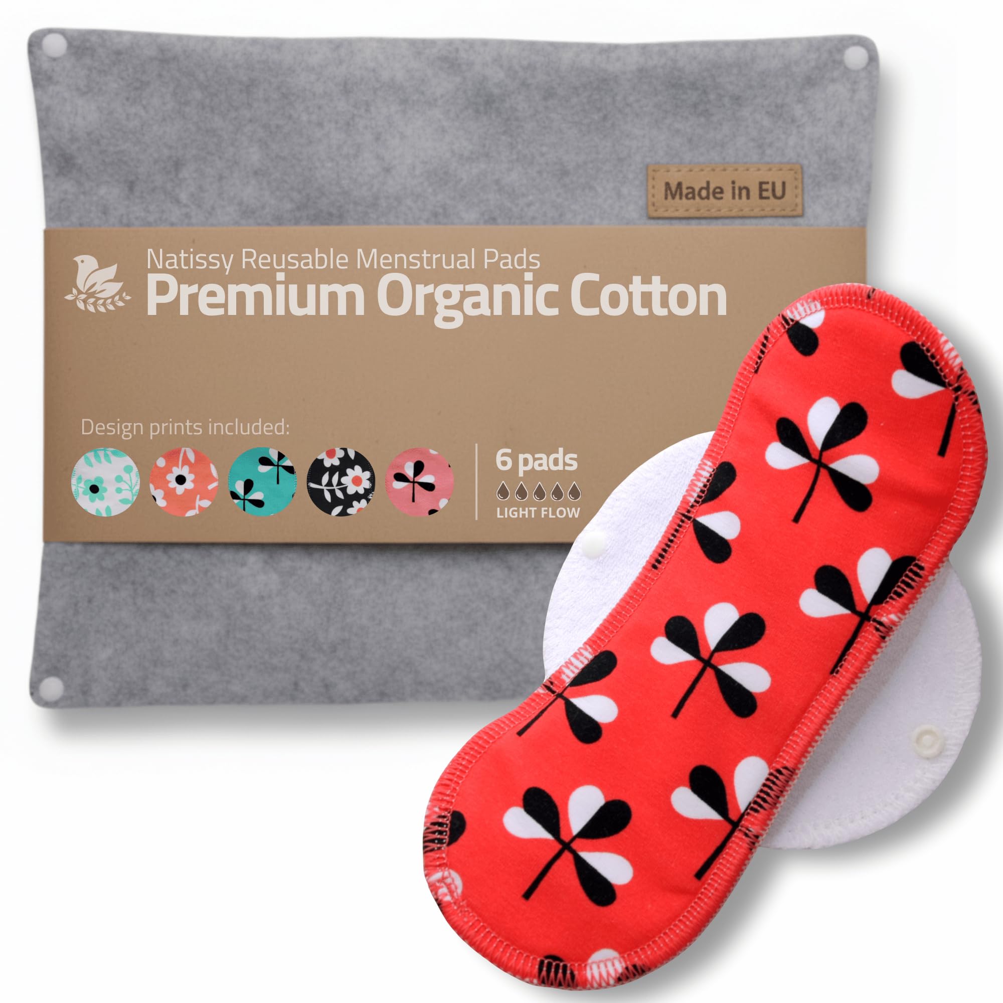 Wiązki materiałowe z bawełny, opakowanie 6 sztuk (S+M), wielokrotnego użytku, Made in EU, małe nadające się do prania, wiązanie BIO do menstruacji, wiązanie materiałowe ze skrzydłami, wielokrotnego użytku