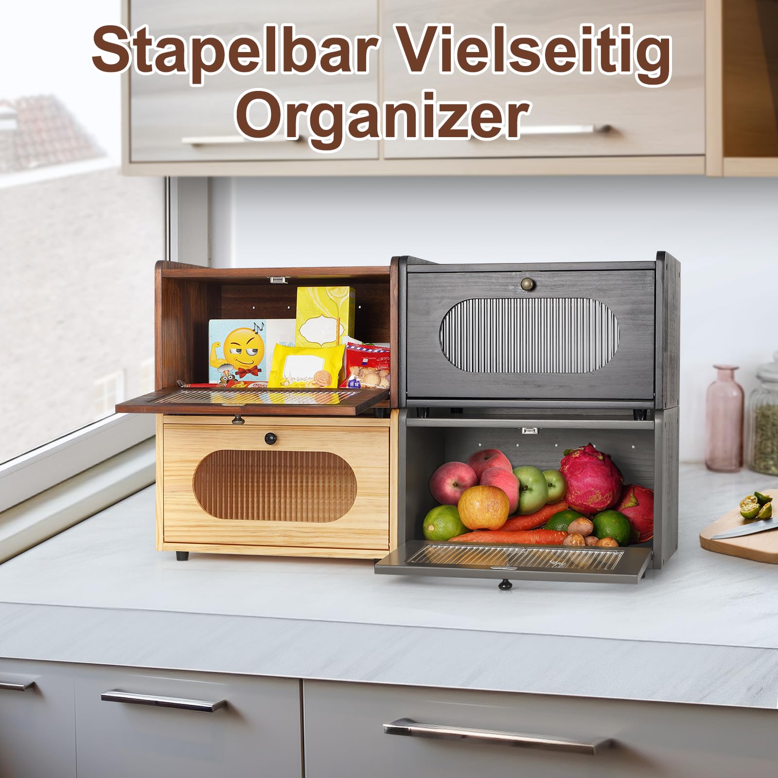 GUUSII HOME Brotkasten Holz Brotbox Küchentheke Brotaufbewahrung Zirbenholz Brot Aufbewahrungsbox Küche Brotbehälter Brot Aufbewahren mit Magnetisch Acryltür Bread Box Bin 36.5x23.5x22cm(Grau)