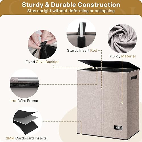 Miniatura 5 de SOLEDI Cesta de lavandería doble con tapa y asa, cesta de lavandería de 2 secciones con bolsa extraíble, cestas plegables para ropa sucia para