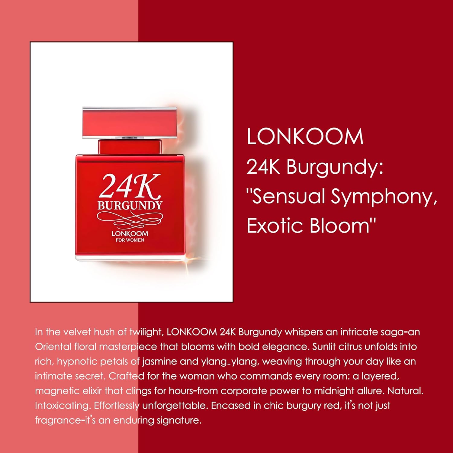 Lonkoom 24K Burgundy Perfume for Women, 3.4 Fl Oz/100ml Sweet Rose Eau de Parfum Spray Long-Lasting Fragrance, Oriental Floral Notes of Rose Orange Blossom Musk Vanilla Tangerine Bergamot Jasmine - Image 3