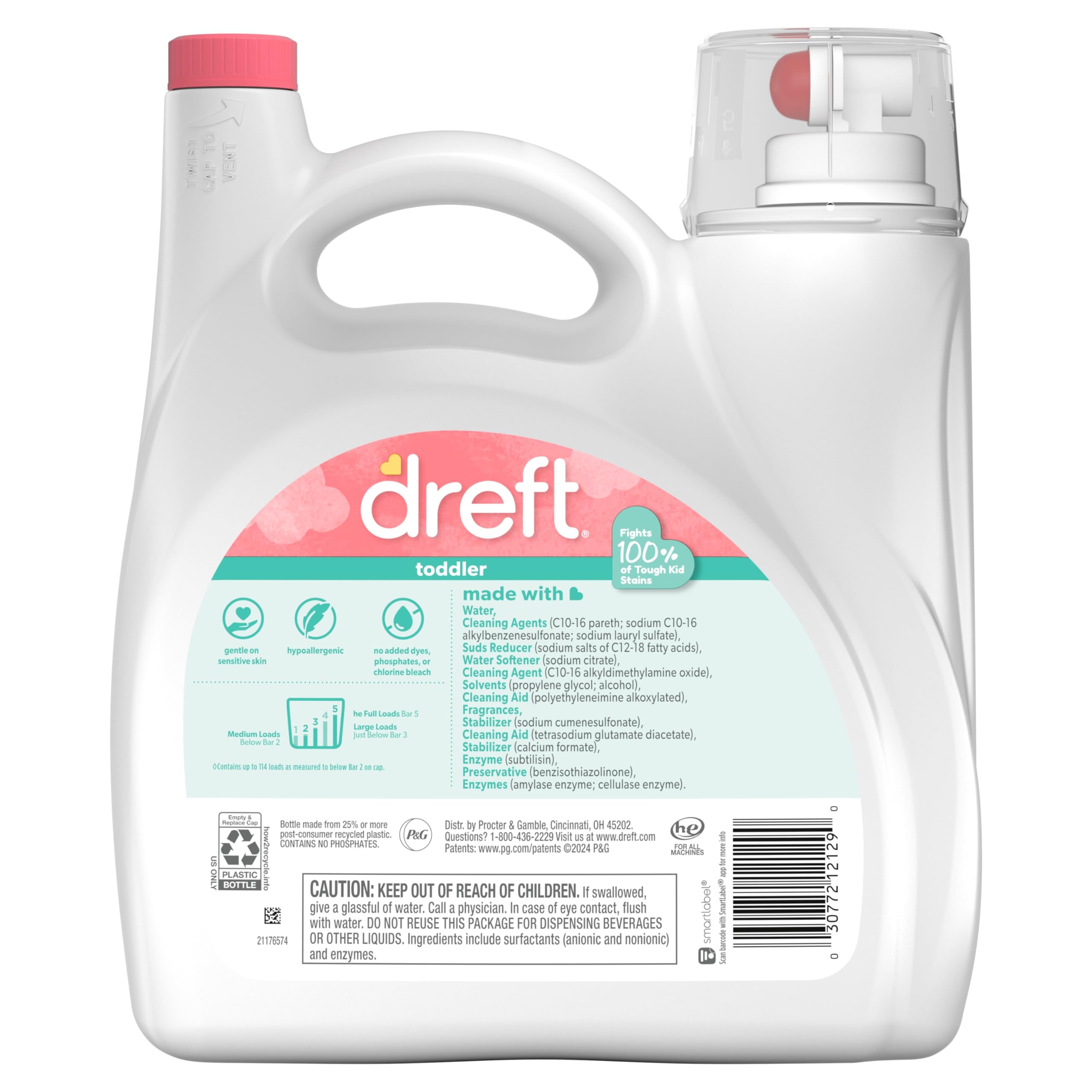 Dreft Stage 2 Active Baby Detersivo liquido per bucato, aiuta a rimuovere il 99% delle macchie di alimenti per bambini, ipoallergenico, 114 carichi