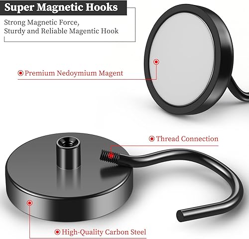 Miniatura 3 de Grtard Paquete de 8 ganchos magnéticos grandes negros de 110 libras para colgar, gancho magnético de neodimio resistente para crucero, hogar,