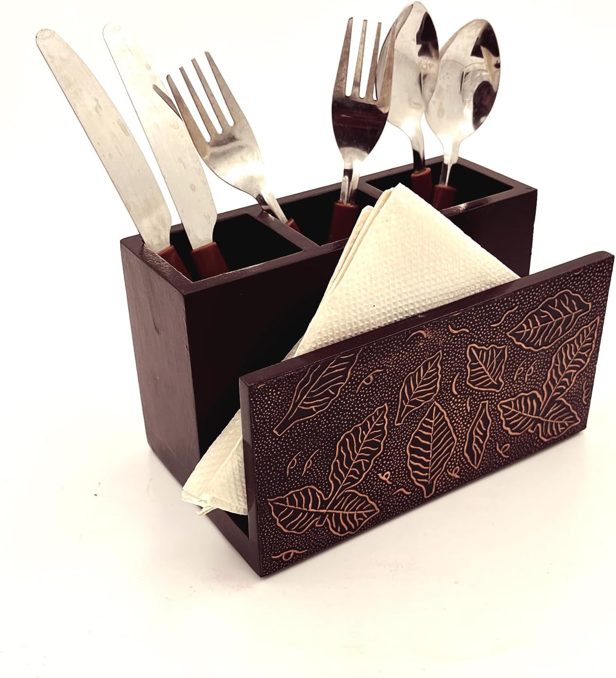 Wooden Napkin Stand with Cutlery Holder | Cutlery Stand | Napkin Stand with Spoons for Kitchen | Tissue Paper with Offices Stationary Holder | Spoon Stand for Dining table (Brown)