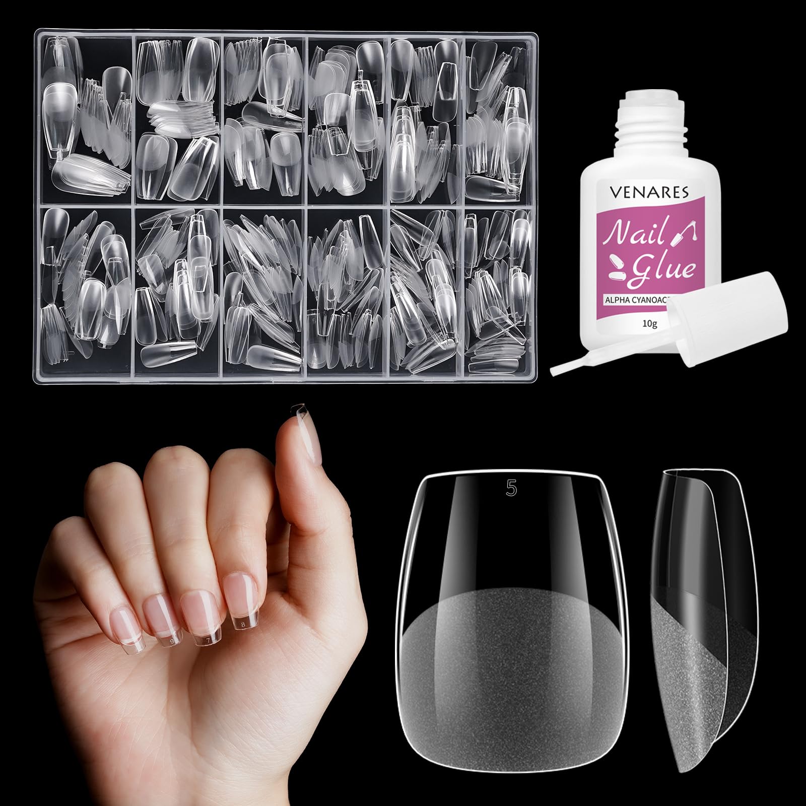 Gel Nägel Tips, Venares 500 Stück Nageltips Extra Kurze XXS Coffin 12 Größen Full Cover Nail Tips für Gelnägel, Klar Soft Gel Tips Pre-buff Künstliche Nägel zum Aufkleben Kurz