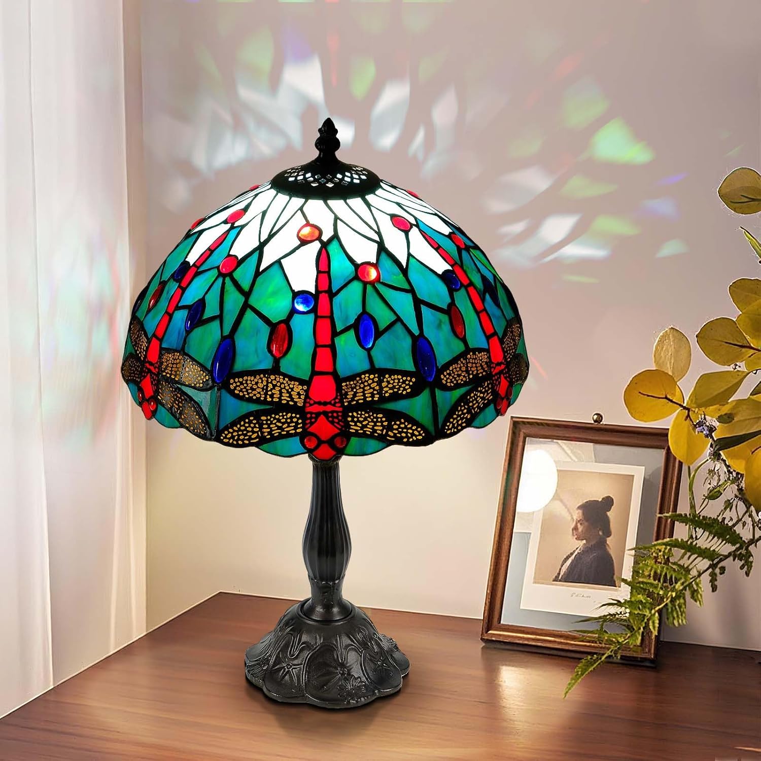 Dragonfly Tiffany Style Lamp - 12" Handmade Stained Glass Table Lamp with LED Bulb, Easy Assembly Tiffany Lamp for Bedroom, Living Room, Office, or Study Décor