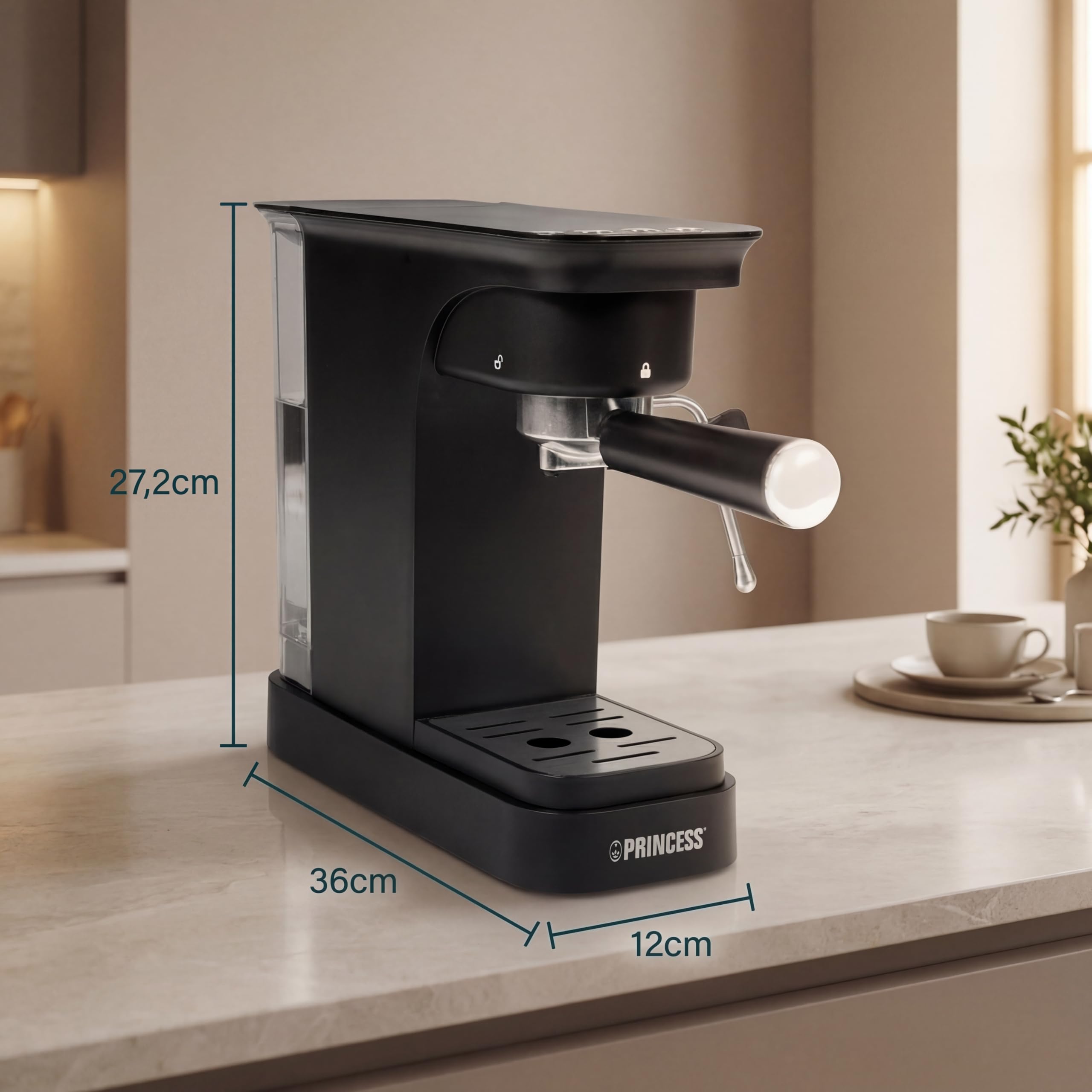 Princess Espressomaschine, 20 Bar Pumpdruck, 0,8 l Wassertank, Für Gemahlenen Kaffee und ESE Pads, Kompaktes Design, Schwarzes Gehäuse, 01.249421.01.001
