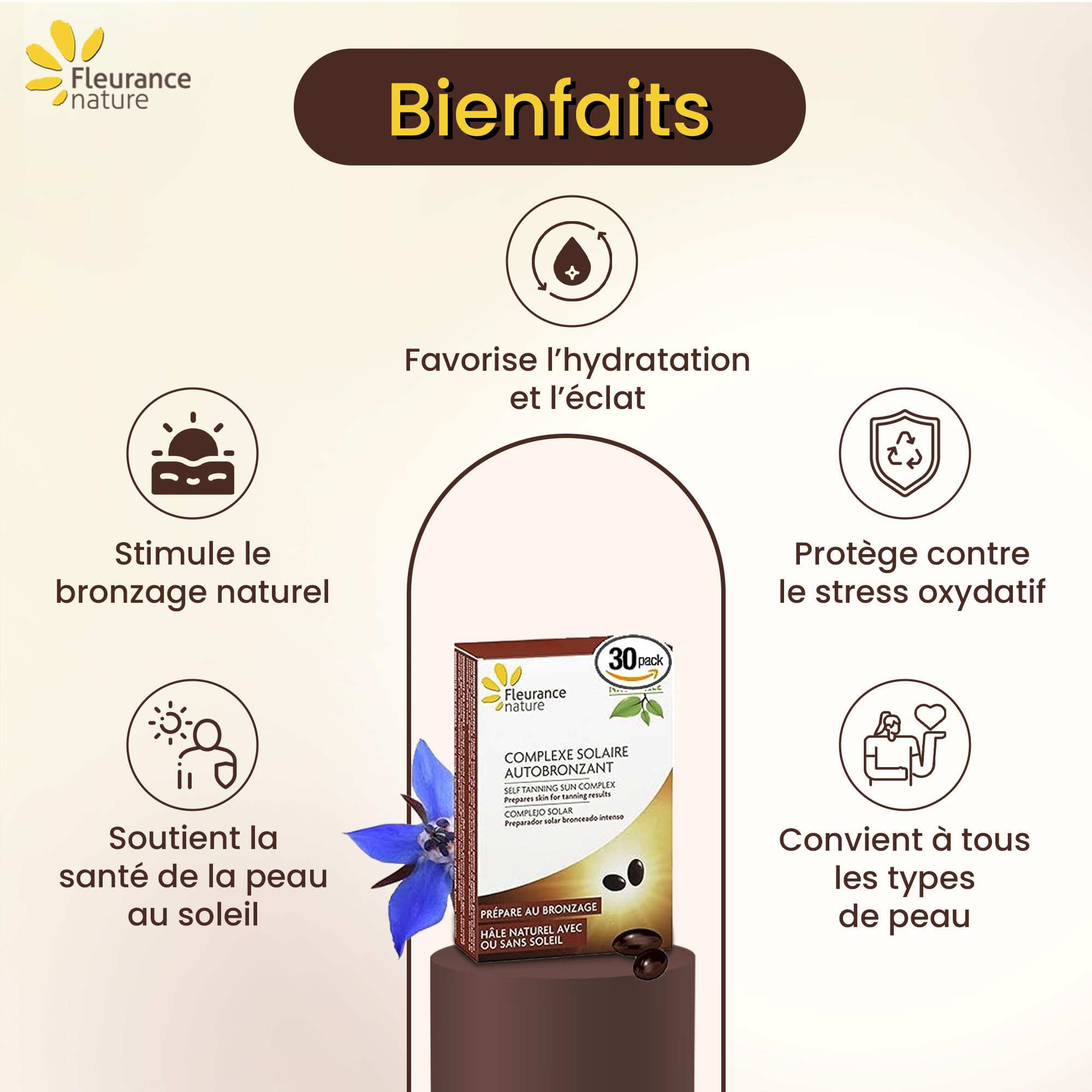 Fleurance Nature - Complexe Solaire Autobronzant Teint Hâlé Lumineux et Préparation Peau - Complément Alimentaire Antioxydant à l'Huile de Bourrache - Format 2 Mois