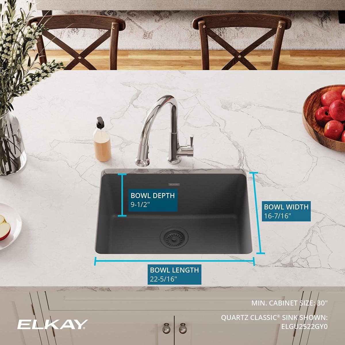 Elkay ELGU2522GY0 Quartz Classic Single Bowl Undermount Sink, Dusk Gray