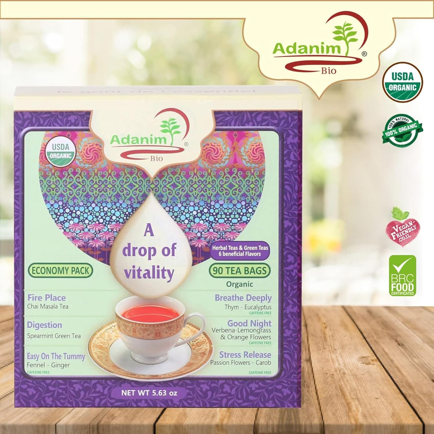 Adanim Bio A Drop of Vitality Organic Tea Sampler Variety Pack Gift Box Assorted Flavors of Green & Herbal Tea Gift Set Assortment 6 Flavors 90 Individually Wrapped Tea Bags Kosher Holiday Gifts