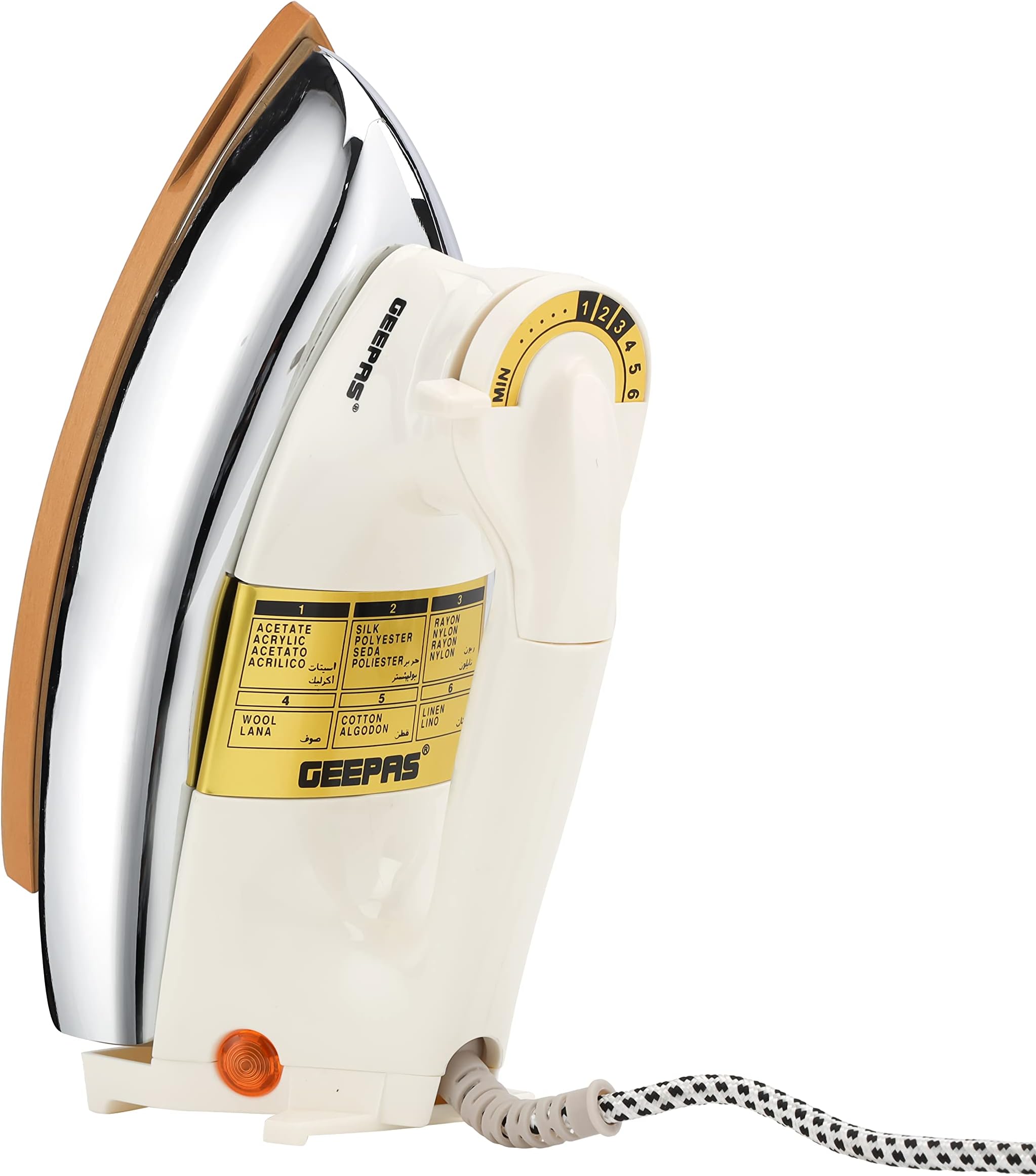 Geepas Automatic Dry Iron- GDI23011,Suitable for All Kinds of Fabric| Equipped with Teflon Coating| 7 Years Warranty, White and golden