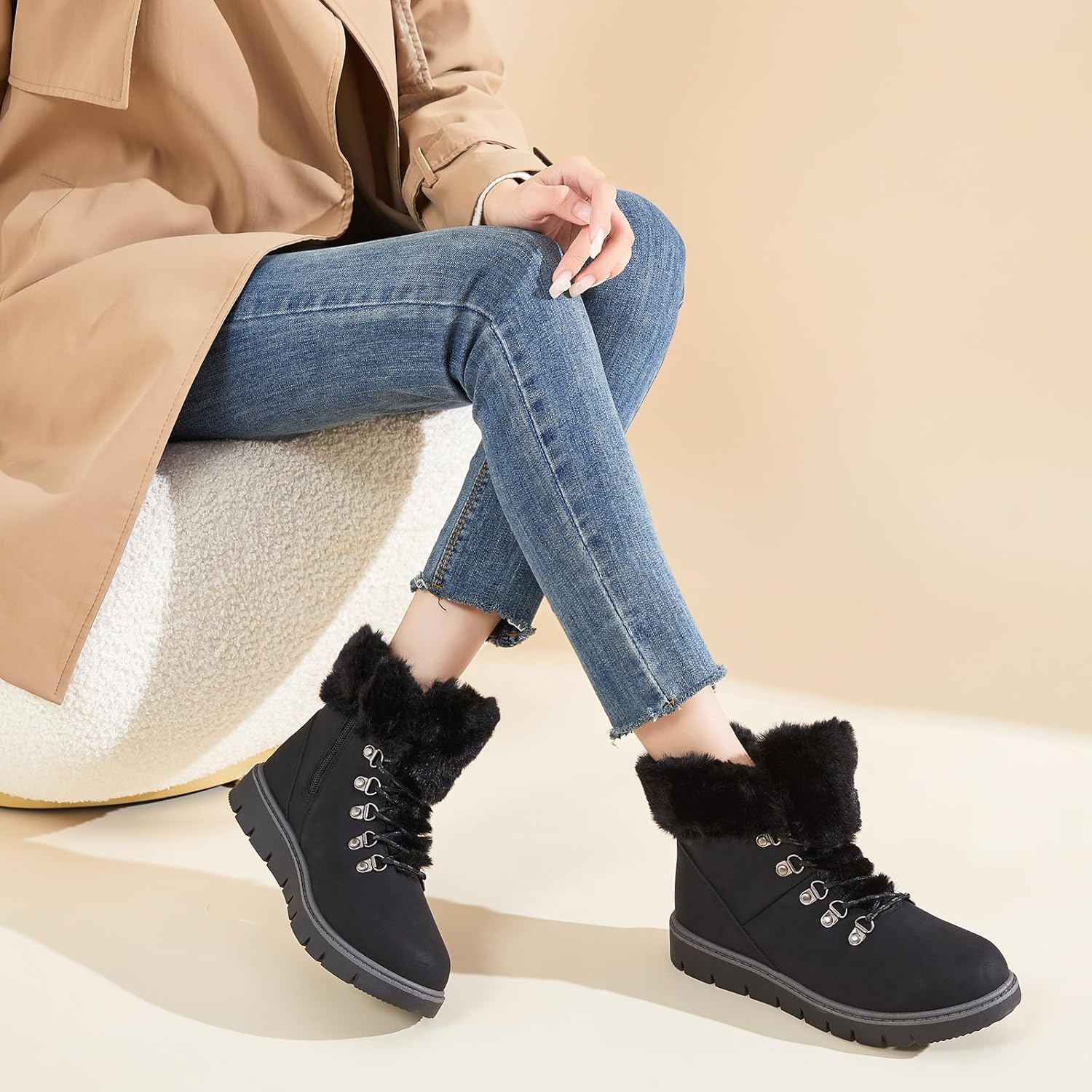 hash bubbie Women's Winter Boots Ankle Booties for Women Warm Fuzzy Boots Lace up PU Leather Snow Boots with Zipper