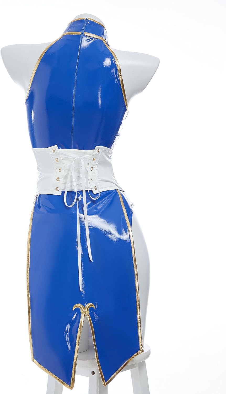 Micotaku Street Fighter Women's Slim Fit Chun-Li Cosplay Costume Full Set Blue