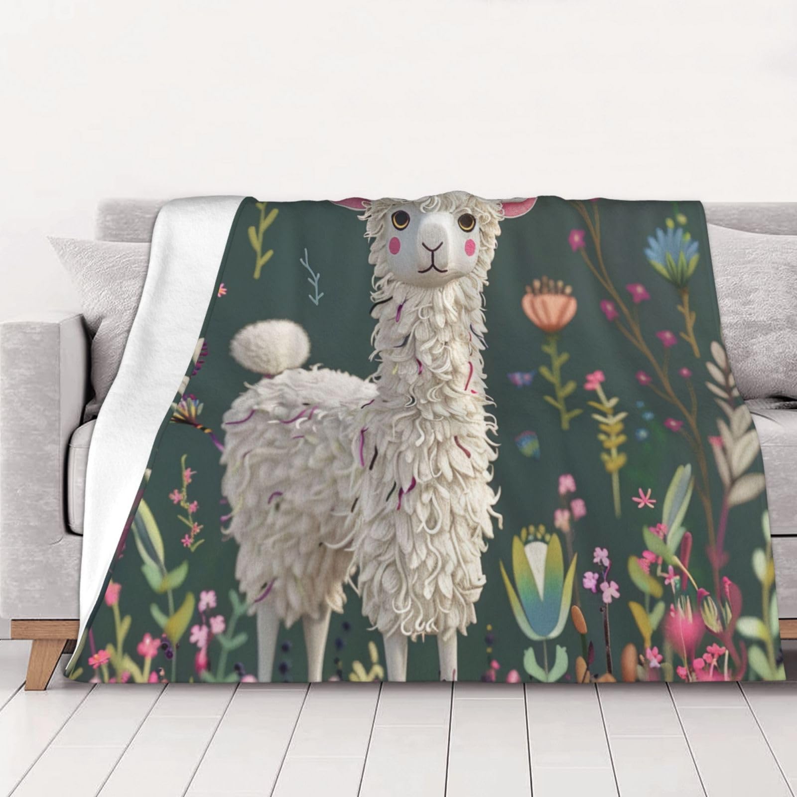 AUBKFELD Flower Alpaca Printed Flannel Blanket 200x150 CM, Soft & Warm Throw Blanket for Sofa/Couch/Bed/Car, Gifts for Audlts Women Men