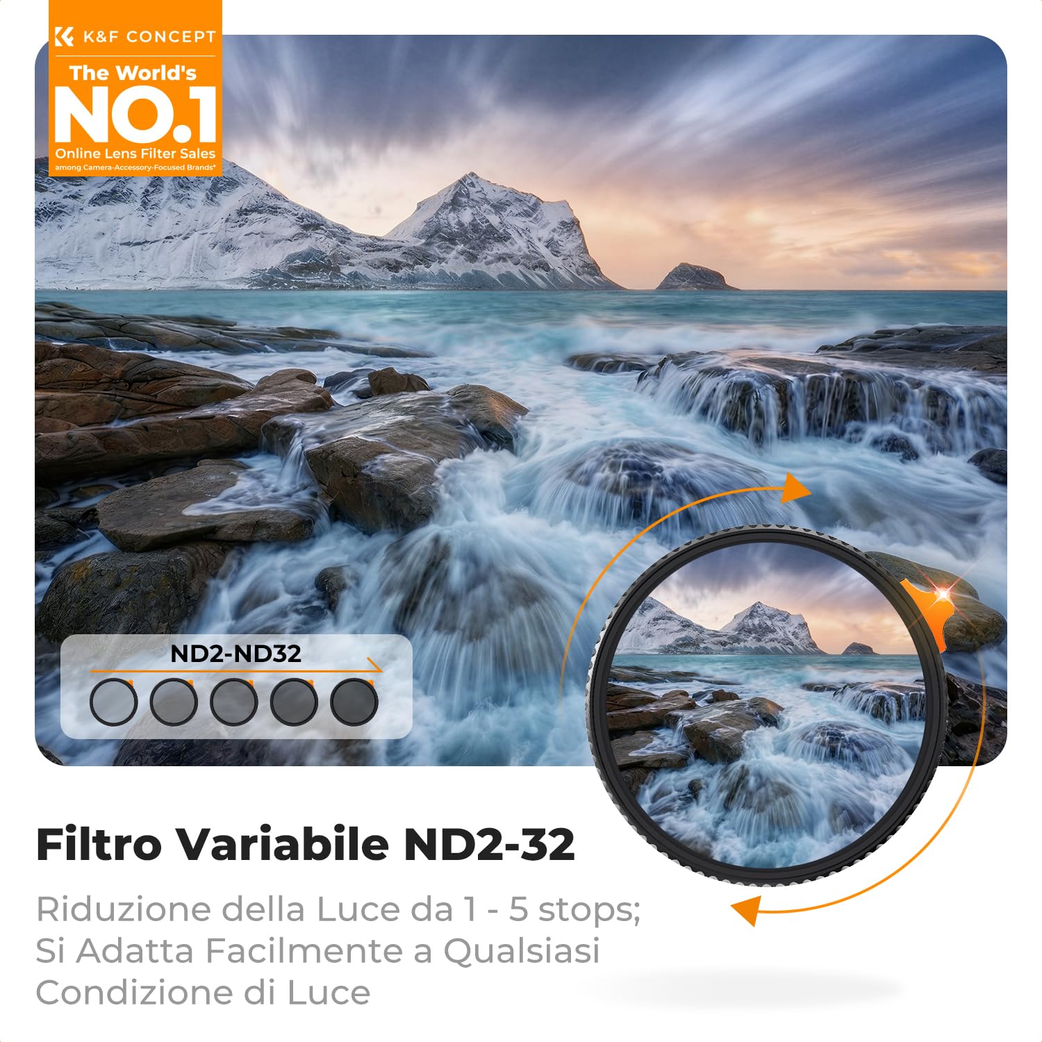 K&F CONCEPT Nano-Xcel 82MM ND2-32 Variabile Filtro True Color & Riflettività Ultrabassa，Filtri Densità Neutra ND2-32(1-5 Stops）in Vetro Ottico con 28 Strati Nano Rivestimento