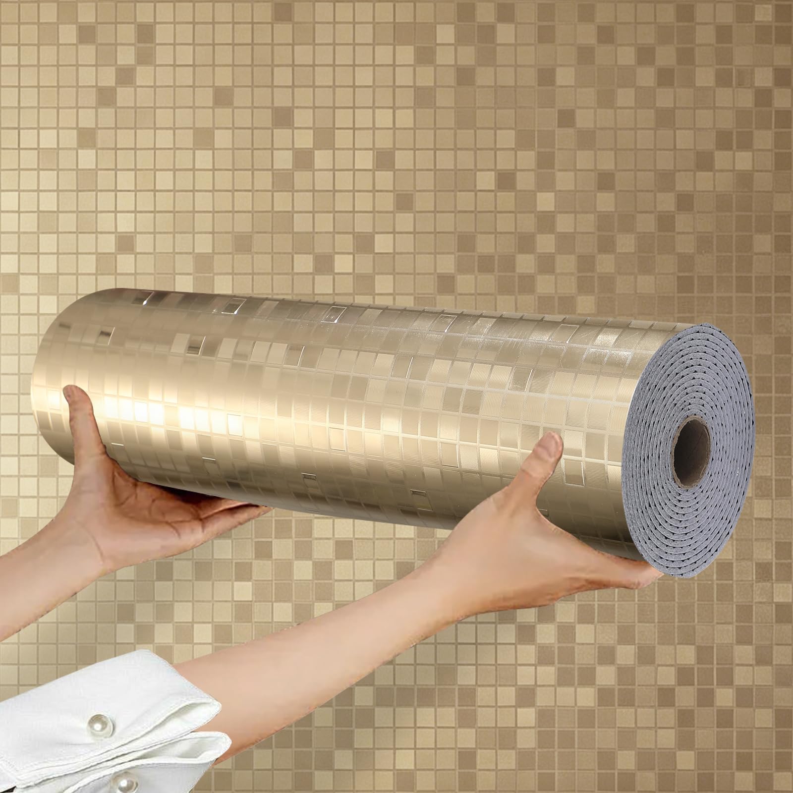 Takezuaa 3D Mosaic Self Adhesive Wallpaper 2.2mm Thick Vinyl Rose Gold Mosaic Metallic Peel and Stick Wallpaper Mirror Reflective Texture for Bathroom Kitchen Splashback Spa Decor 8Roll 300x40cm
