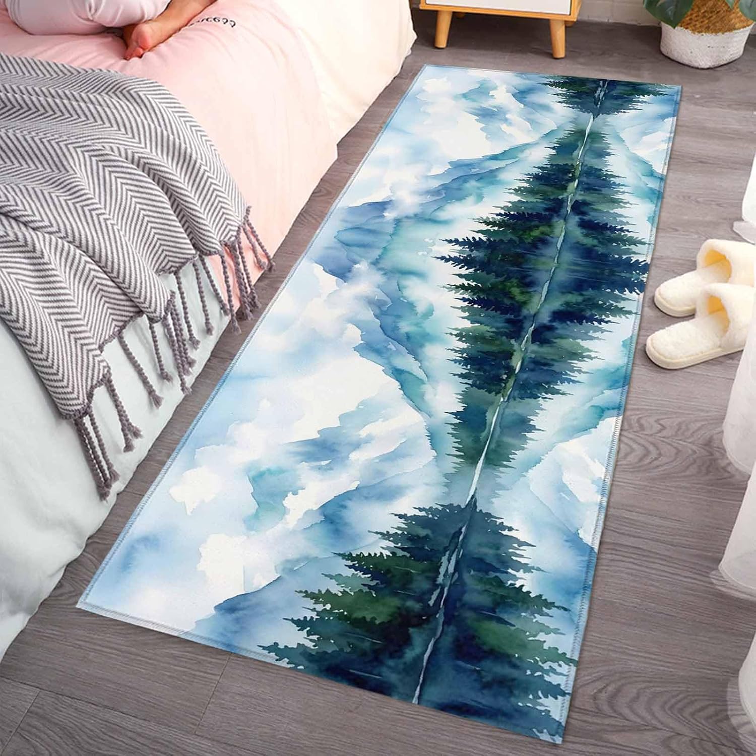Teamery Kitchen Mats for Floor Watercolor Mountain Lake Cloud Washable Non Slip Kitchen Rugs 1PCS, Natural Scenery Forest Absorbent Standing Mats for Sink Bathroom Office Living Room 15.7x47.2in