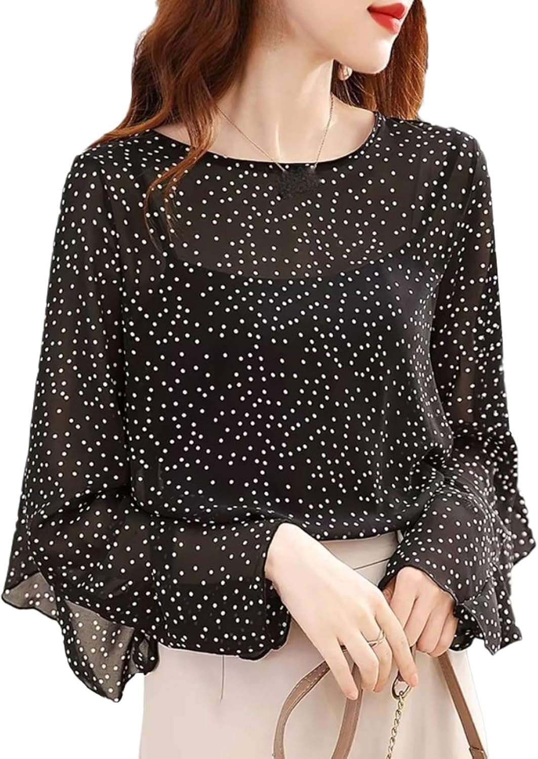 Women's Summer Polka Dot Chiffon Shirt Ruffles Loose Blouse Simple Thin Style Pullover Top