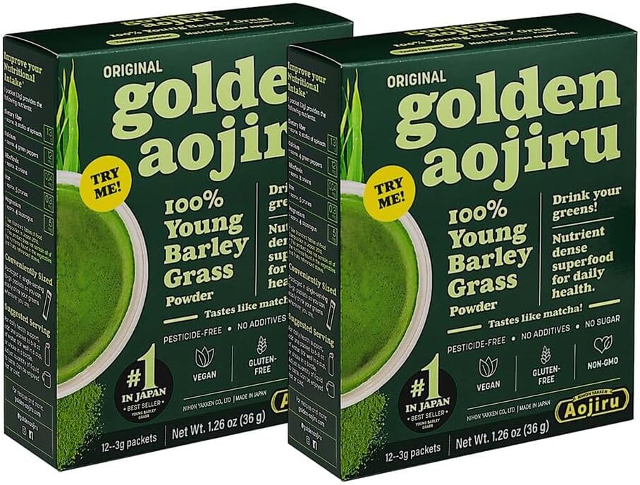 NIHON YAKKEN Golden Aojiru 100% Young Barley Grass Powder, 12 x 3g Sachets, 2 Boxes, Vegan, Non-GMO, Japanese-Grown