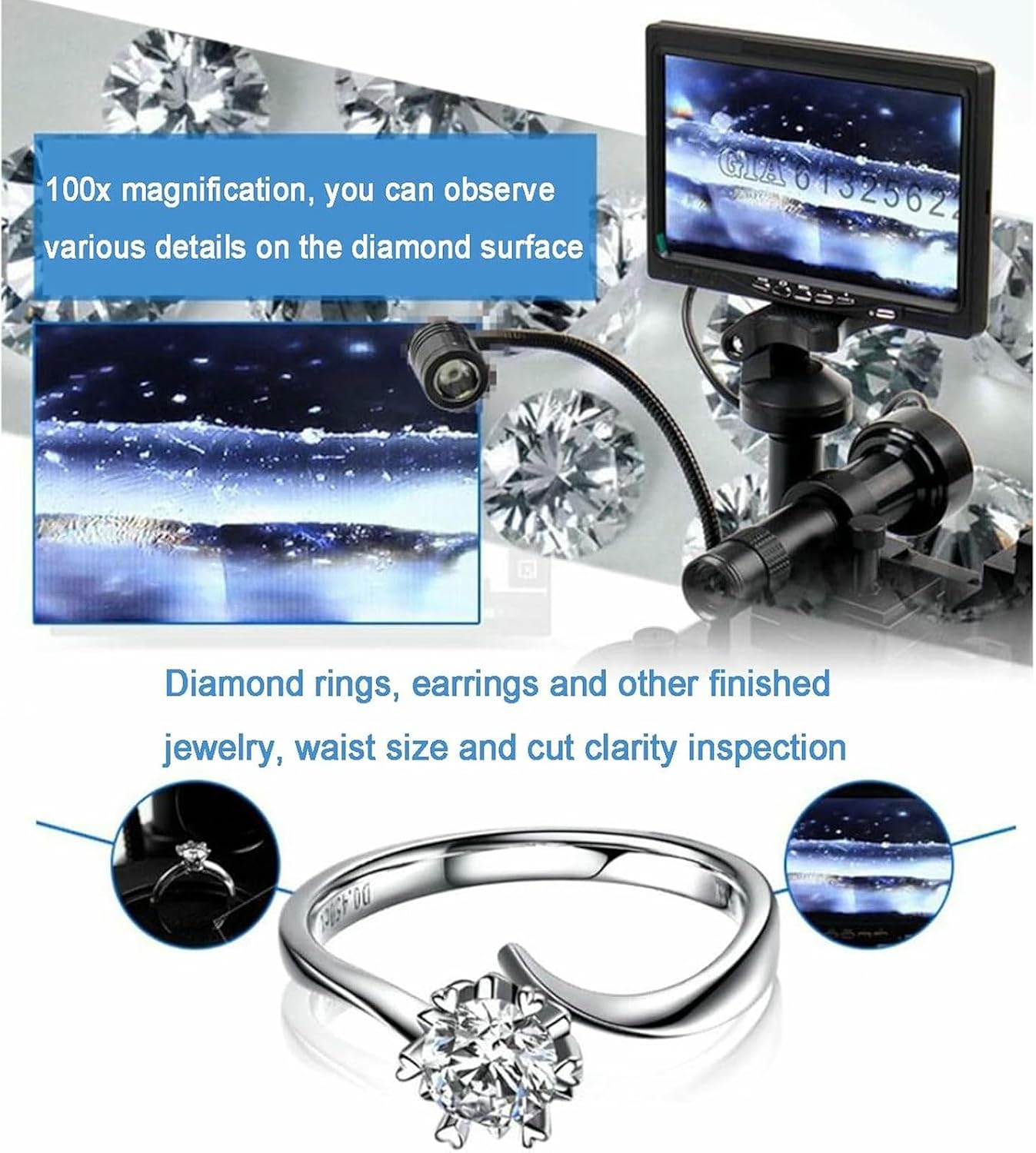 Diamond Girdle Viewer, 7 Inch LCD Digital Microscope, with LED Fill Light, 100X Magnification, for Diamond Inscription Viewer, Jewelry Identification