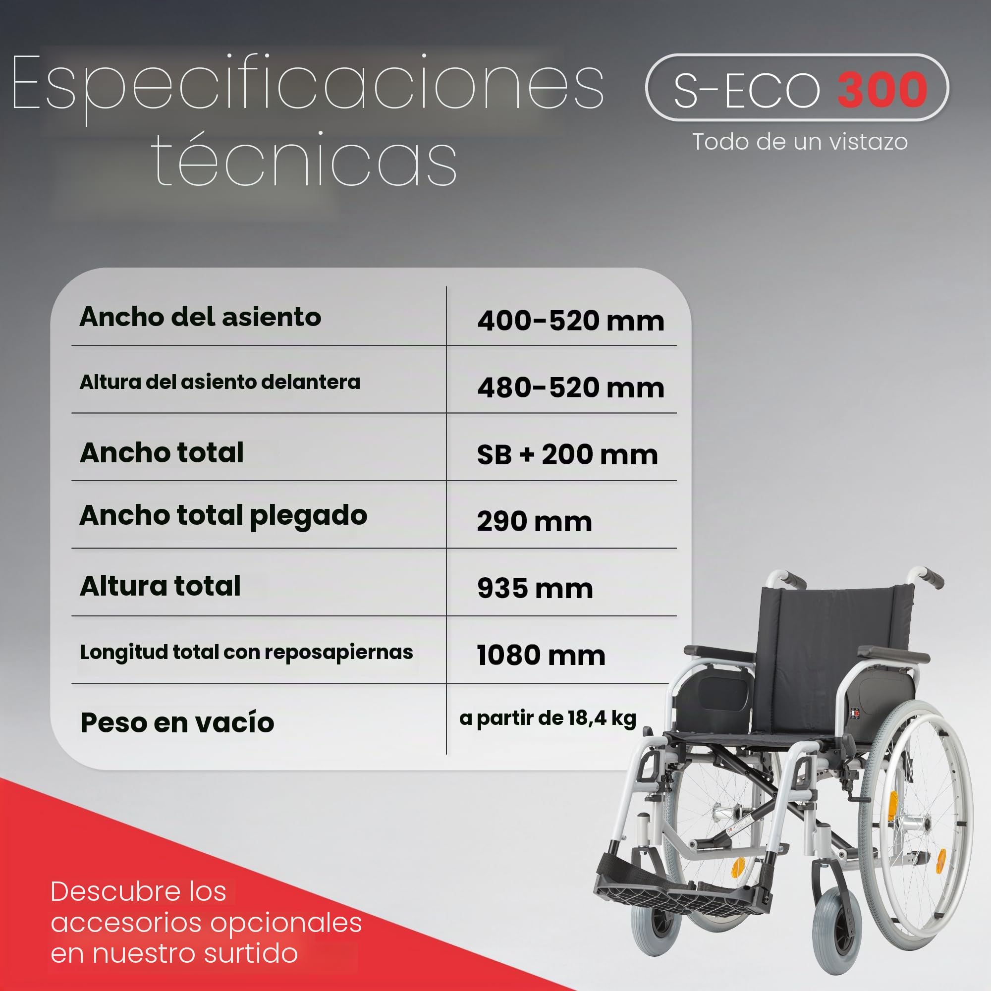 Bischoff&Bischoff S-Eco 300 HMV 18.50.02.0106 - Silla de ruedas plegable (52 cm de ancho, con sistema de eje pasante, para uso doméstico y de viaje