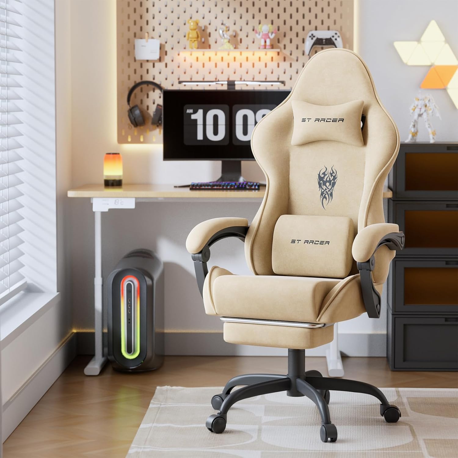 Ferghana Gaming Stuhl Ergonomisch,Gaming Chair，Atmungsaktiver Bürostuhl aus Hochwertigem Stoff，Computerstuhl mit verstellbare Kopfstütze und Lendenkissen，Armlehnen，Fußstütze，Racing PC Stuhl ，Weiß