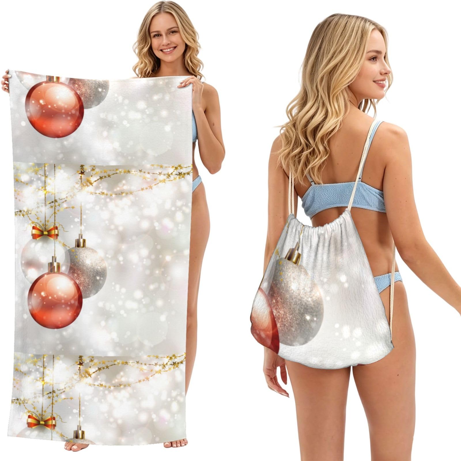 Poadnly As Picture Xmas Balls Print, 2 In 1 Packable Towel Bag, Beach Towels With Drawstring Backpack For Travel Holiday Camping