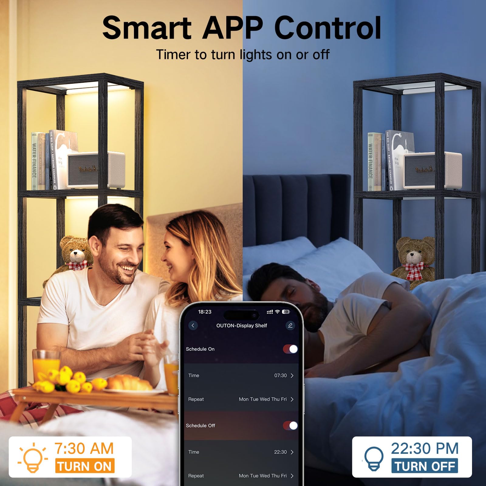 OUTON 170cm Vetrina in Vetro con Luci, Lampada da Terra a LED Dimmerabile con Telecomando e Controllo via App, Libreria Aperta per Oggetti da Collezione per Soggiorno e Camera da Letto, Nera