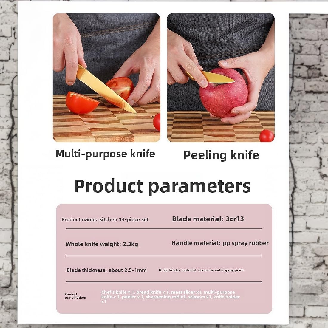 Pink Titanium-Plated Knife Set 7-Piece - Professional Kitchen Knives with Chef/Slicing/Utility/Honing Steel - Rose Gold Blades + Wooden Stand, Luxury Gift Box (Pink)