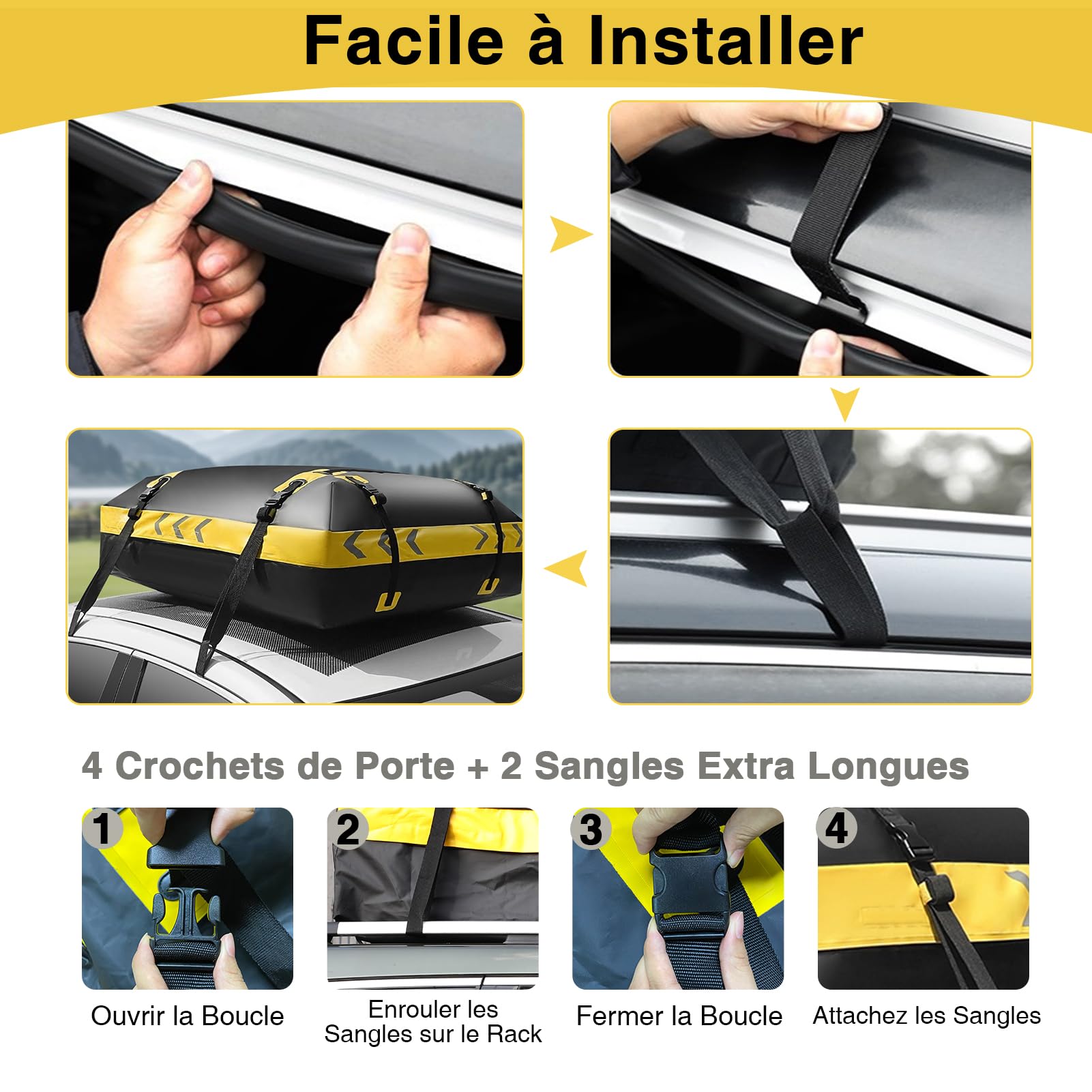 JOBYNA Coffre De Toit Souple, 15 Pieds Cubes / 425 L Sac de Toit étanche en 1000D PVC, Sac de Transport pour Tout Type de Voiture avec/sans Porte-Bagages, Compris Tapis Antidérapant, Cadena