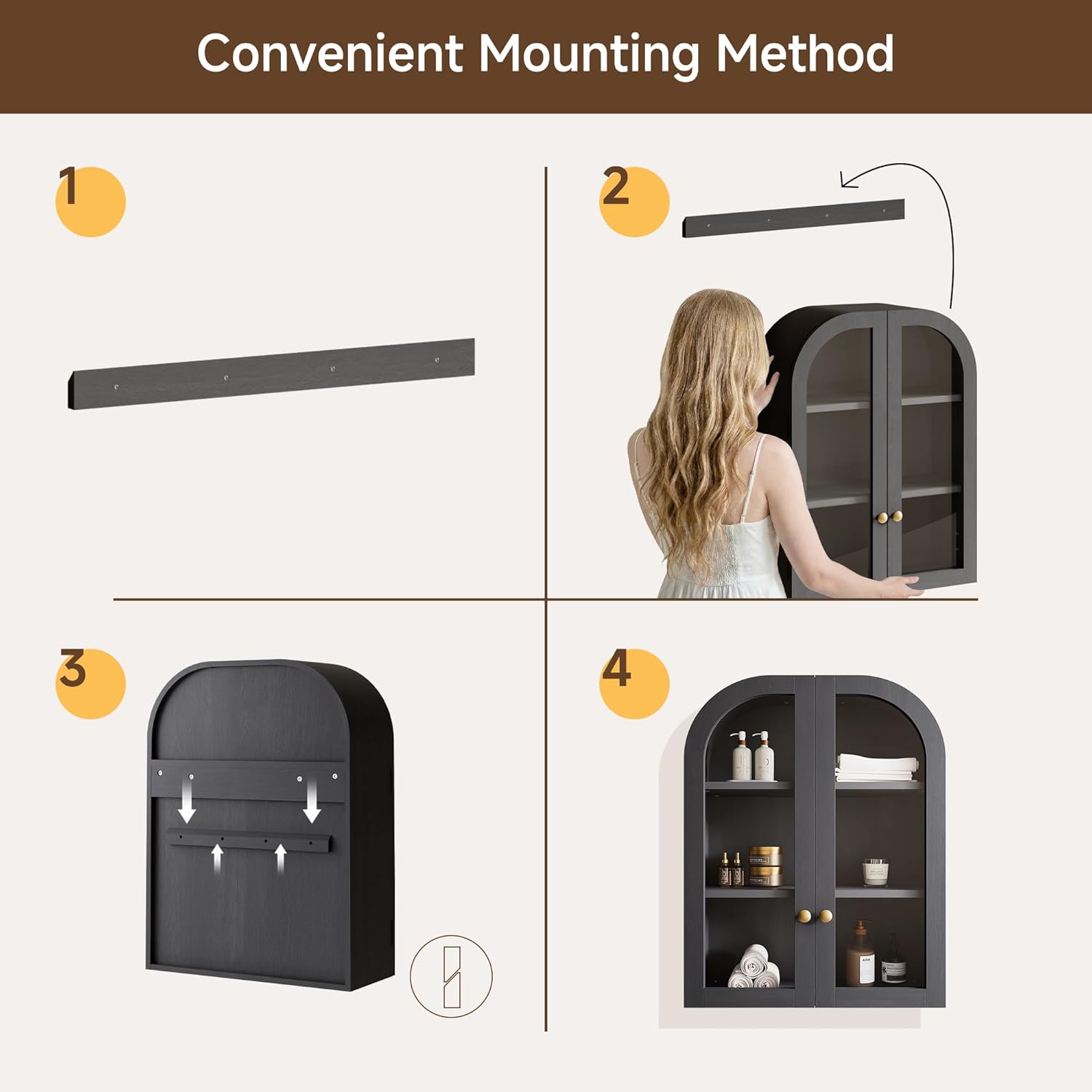 Arched Bathroom Wall Cabinet Over The Toilet Storage Cabinet, 23.6"x31.5" Wood Medicine Cabinet Wall Mounted with Glass Doors & Adjustable Shelf, Floating Wall Cabinet for Bathroom(Black)