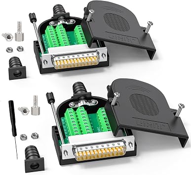 2Pack DB25 Male Breakout Board, D-Sub 25 Pin Solderless Terminal Adapter with Screw Terminals, RS232 Connector Module for Industrial Wiring
