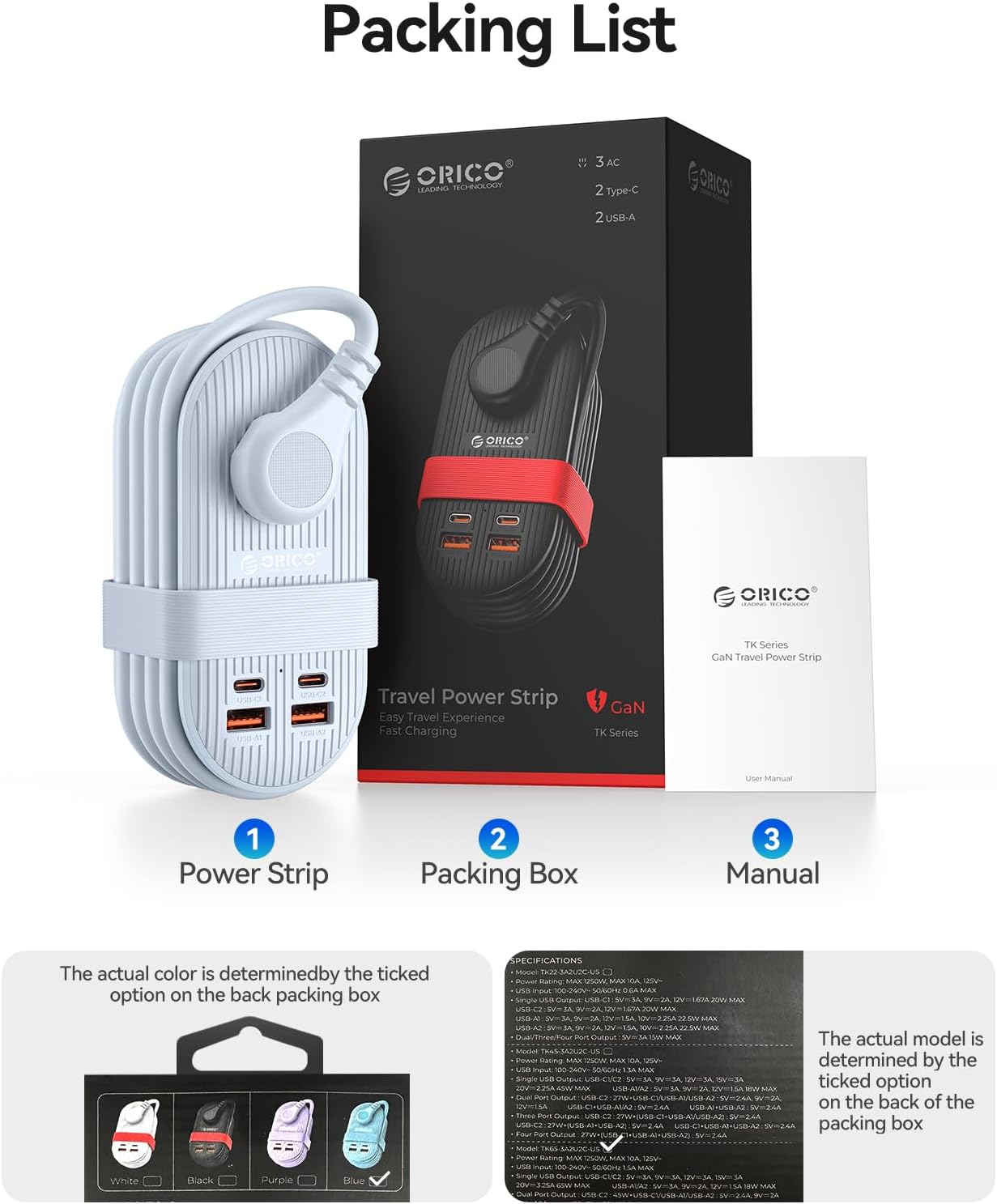ORICO 65W USB Travel Power Strip, 7 in 1 Charging Station with 3AC, 2 USB-A, 2 USB-C, Flat Plug and 4ft Extension Cord, Fast Charger for MacBook, iPad, iPhone 17/16/15 - TK65