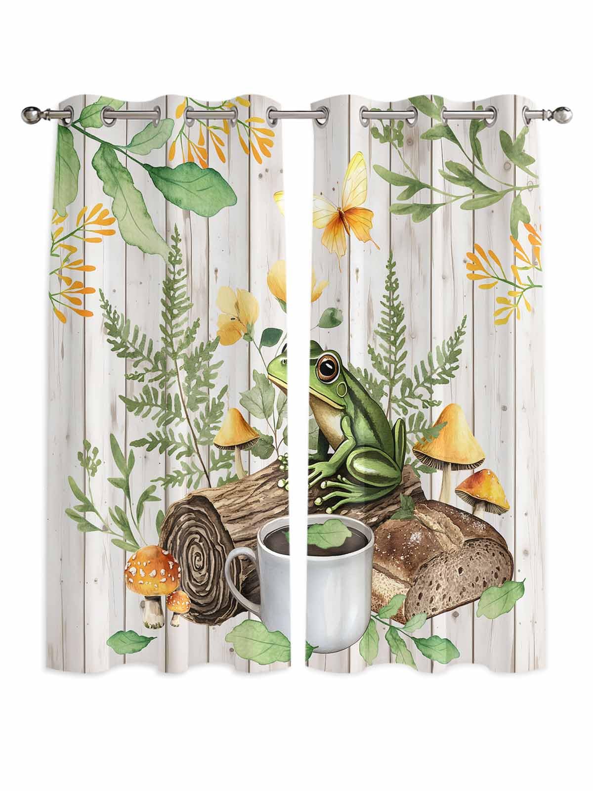 Mushroom Frog Window Curtains Panels with Silver Grommet,Flowers Butterfly Green Coffee White Wood Kitchen Cafe Curtain Draperies Window Treatment Set for Living Room/Bedroom/Bathroom/Cafe,84x84